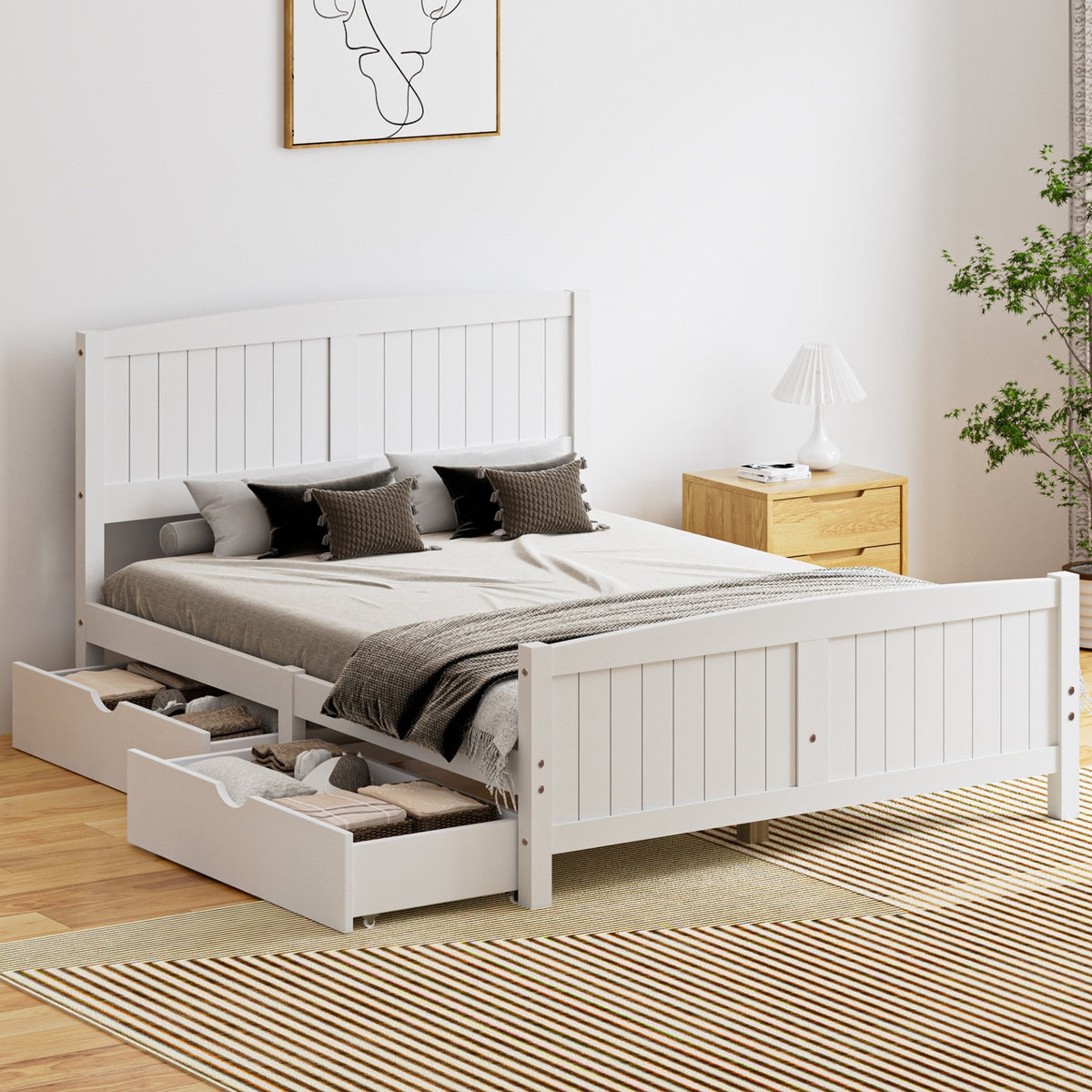 Oikiture Wooden Bed Frame Quenn Double King Single Base with Drawers White META