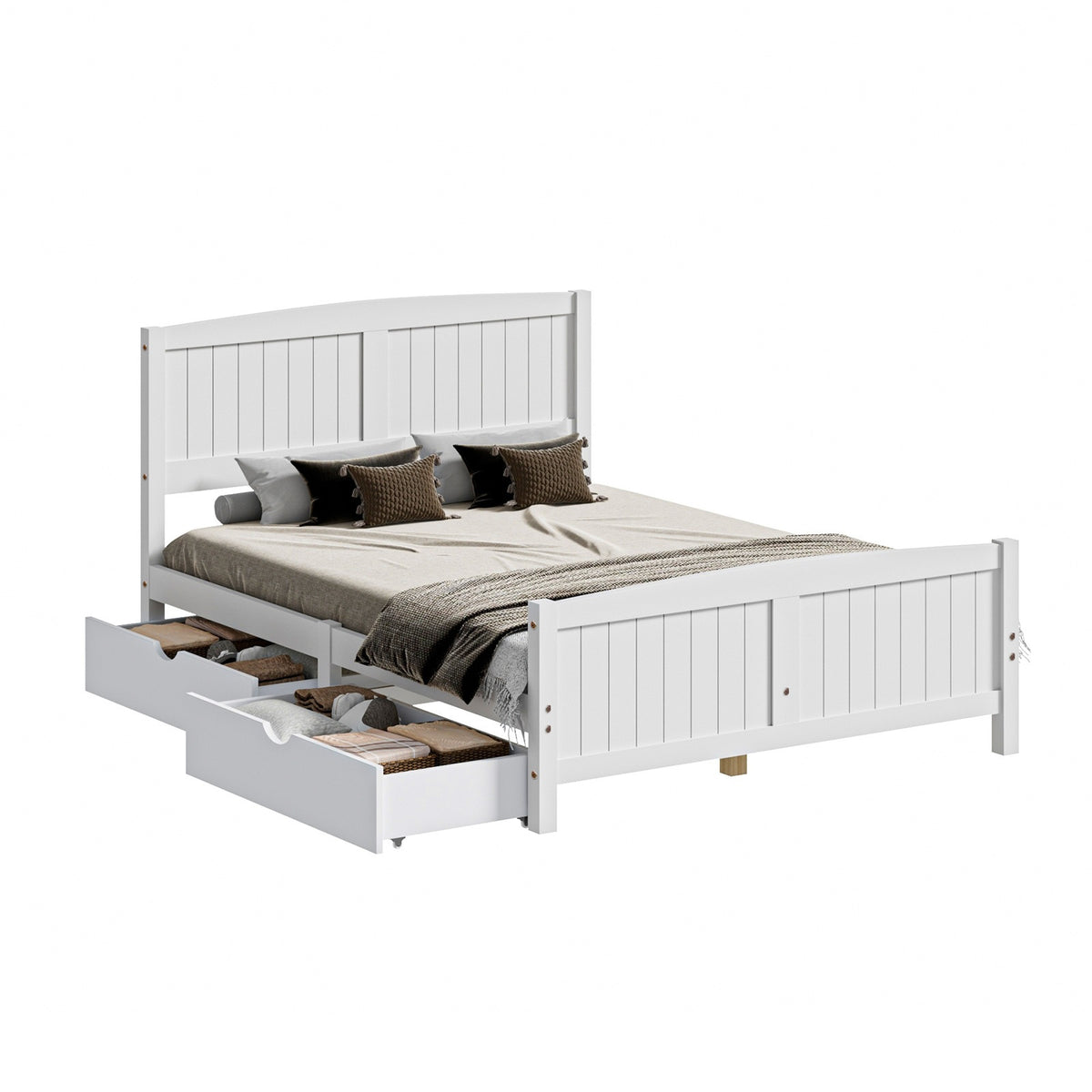 Oikiture Wooden Bed Frame Quenn Double King Single Base with Drawers White META