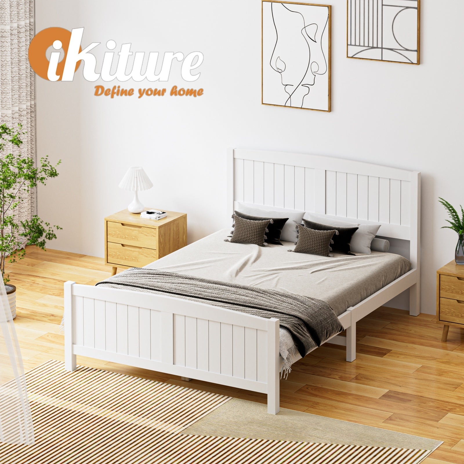 Oikiture Bed Frame Double Size Wooden Base Timber Platform White - Sunyee