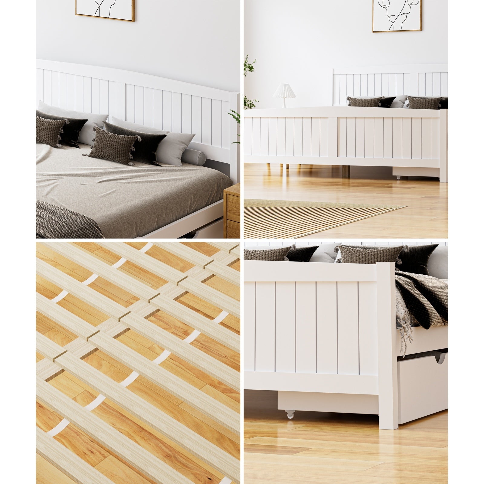 Oikiture Wooden Bed Frame King Size Base with Trundle Storage Drawers White - Sunyee