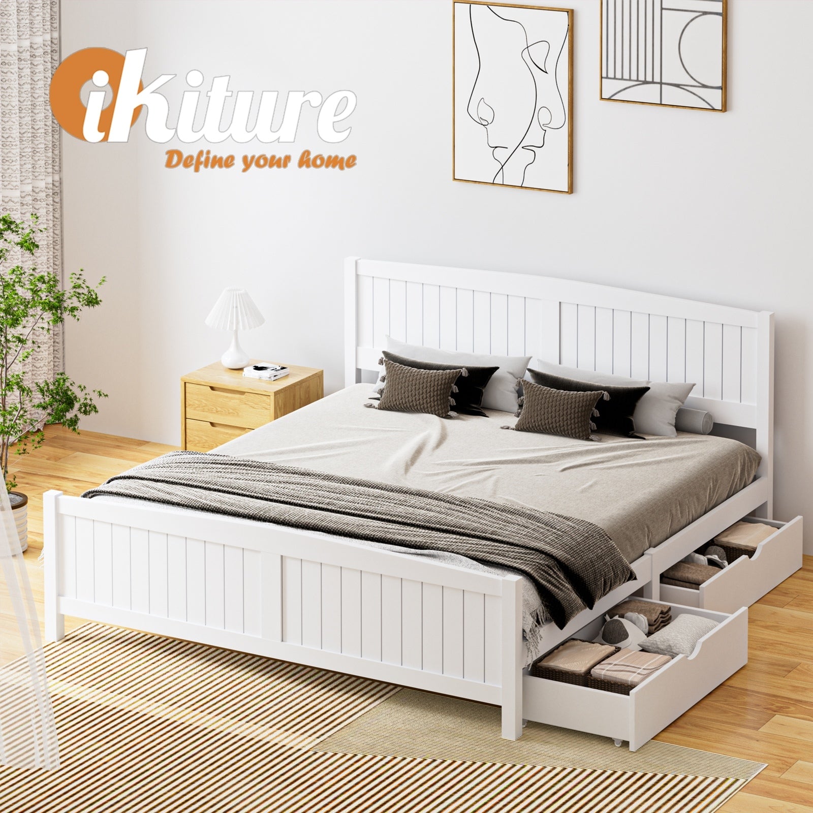 Oikiture Wooden Bed Frame King Size Base with Trundle Storage Drawers White - Sunyee