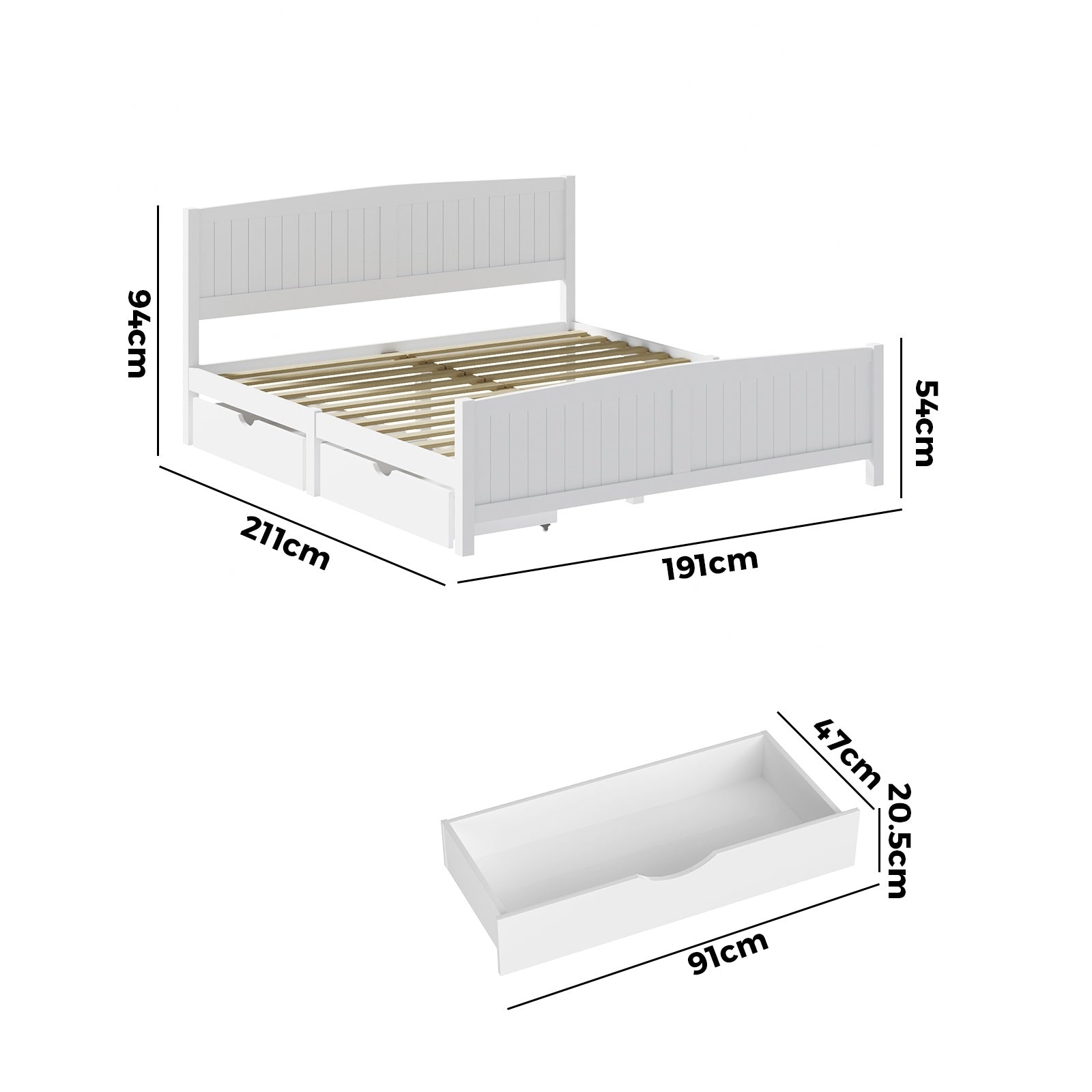 Oikiture Wooden Bed Frame King Size Base with Trundle Storage Drawers White - Sunyee