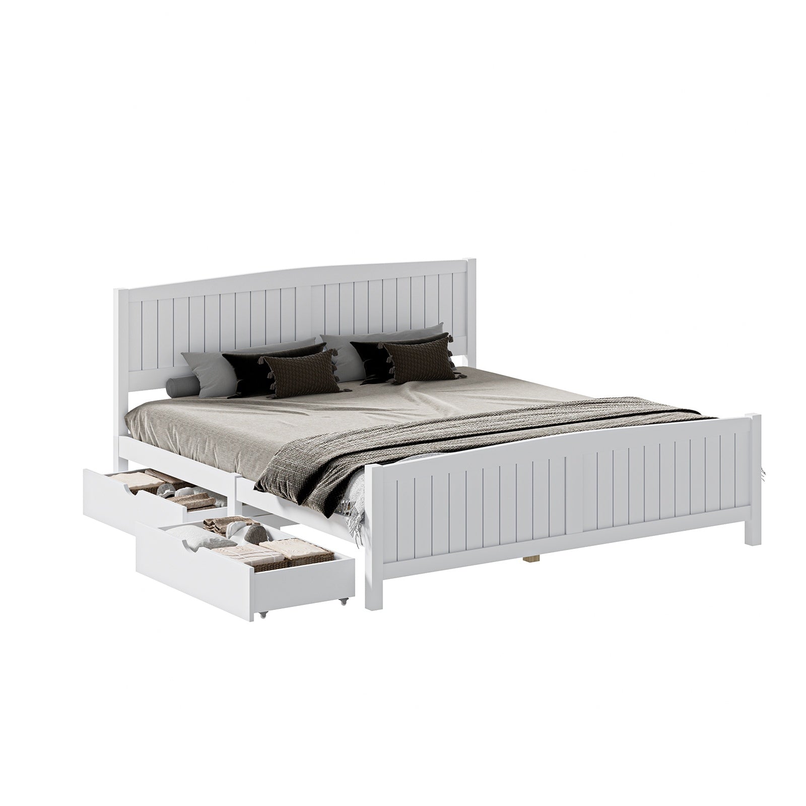Oikiture Wooden Bed Frame King Size Base with Trundle Storage Drawers White - Sunyee