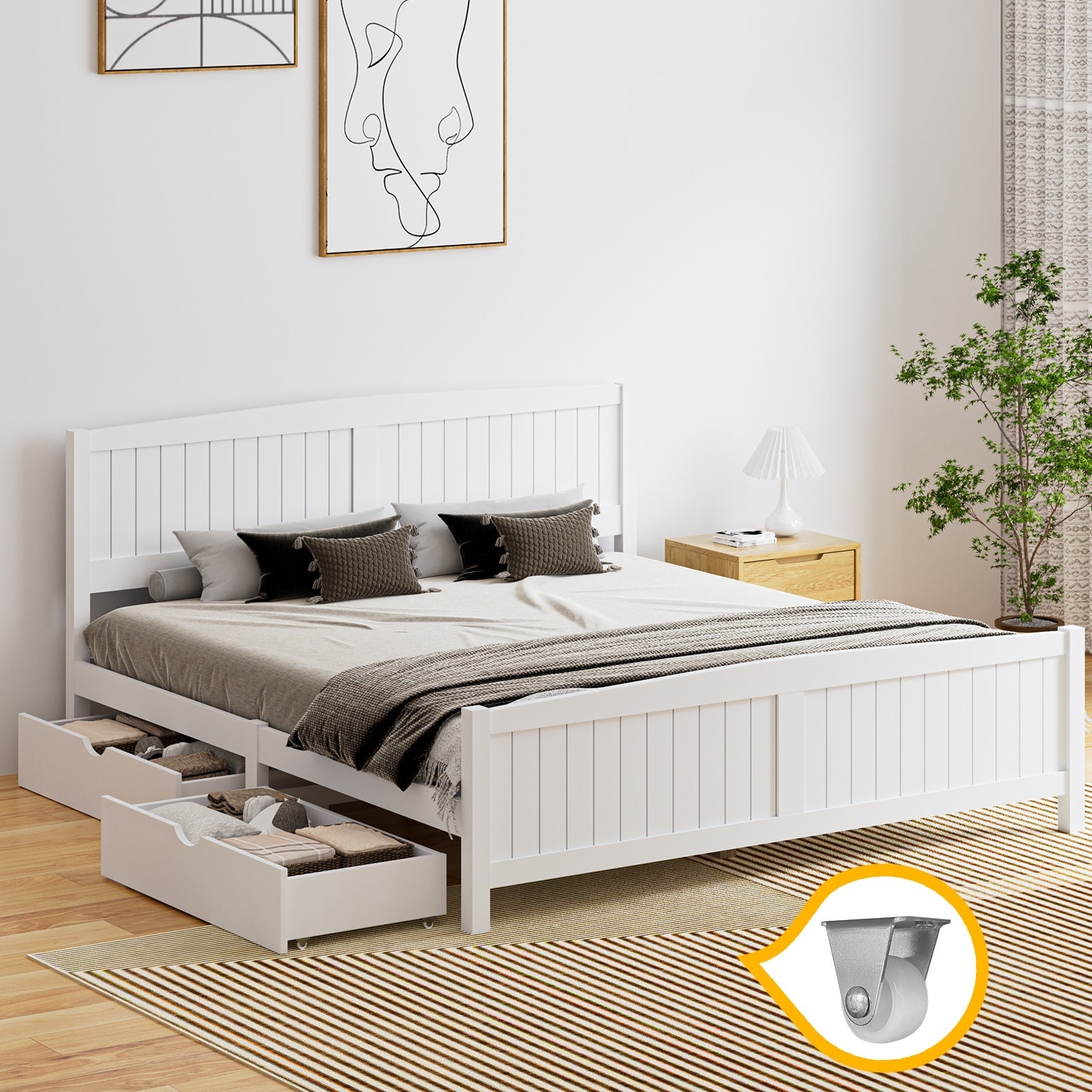 Oikiture Wooden Bed Frame King Size Base with Trundle Storage Drawers White - Sunyee