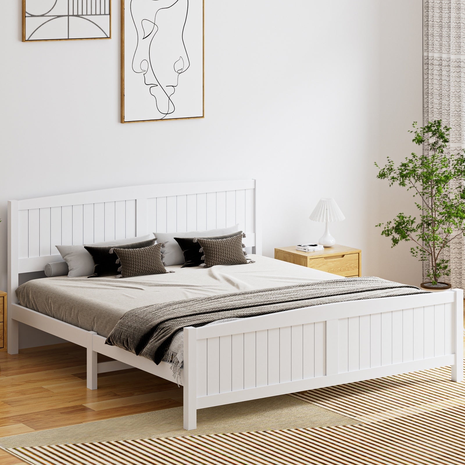 Oikiture Bed Frame King Size Wooden Base Timber Platform White - Sunyee