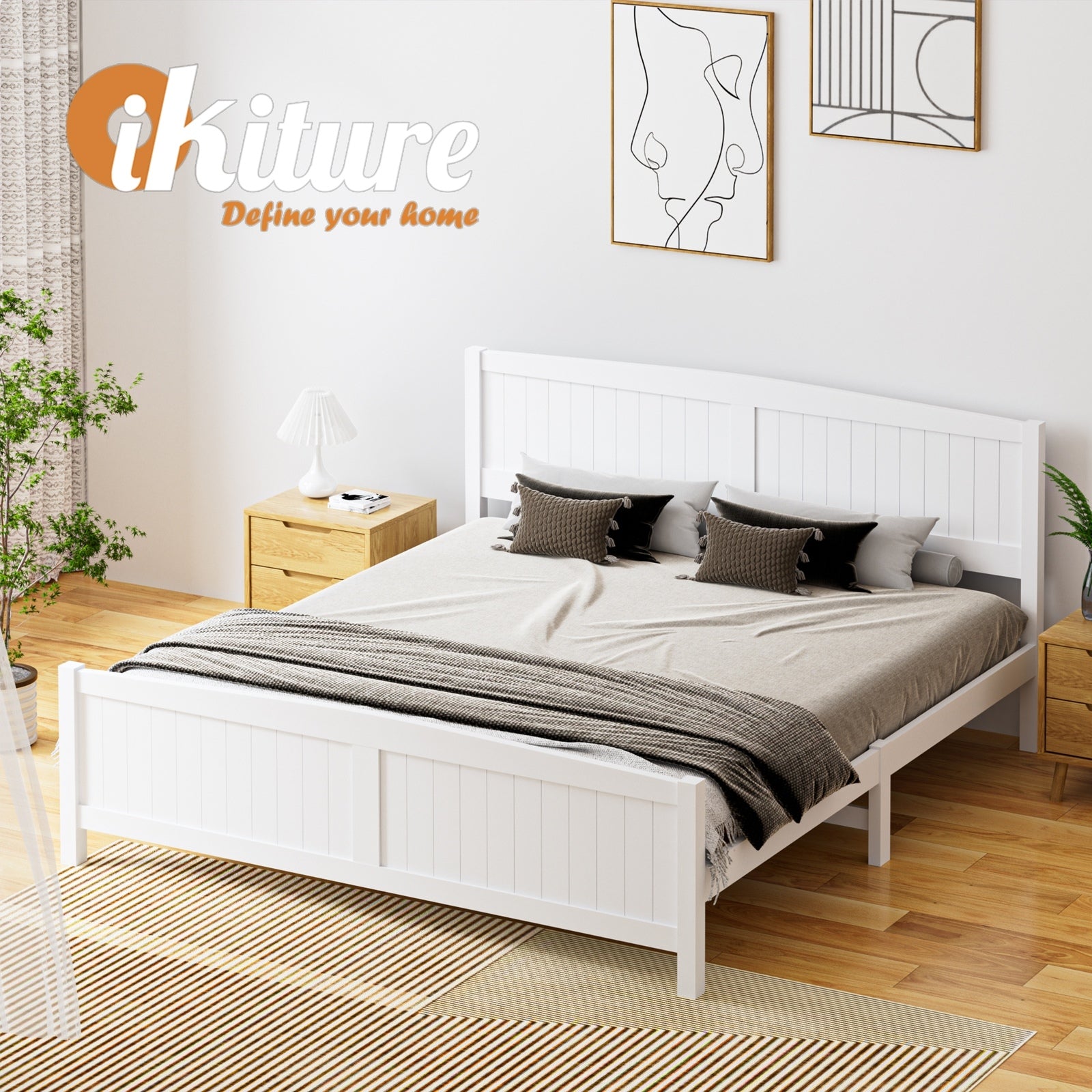 Oikiture Bed Frame King Size Wooden Base Timber Platform White - Sunyee
