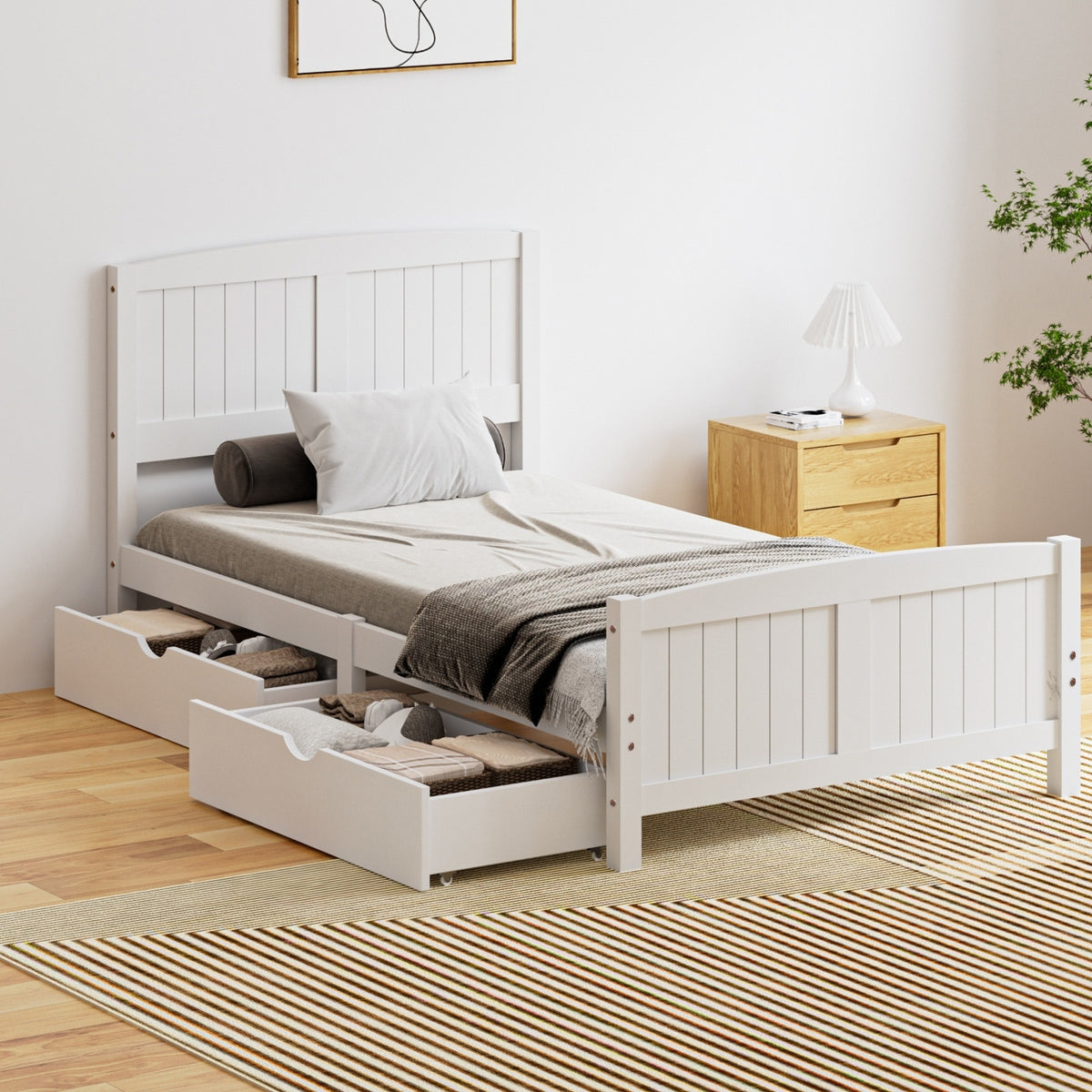 Oikiture Wooden Bed Frame Quenn Double King Single Base with Drawers White META