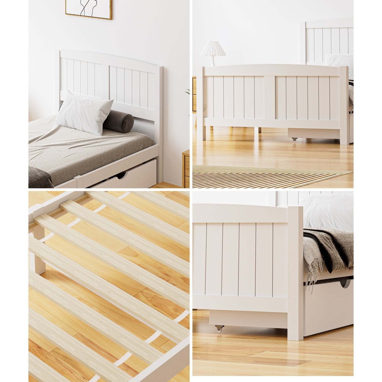 Oikiture Wooden Bed Frame King Single Base with Trundle Storage Drawers White - Sunyee