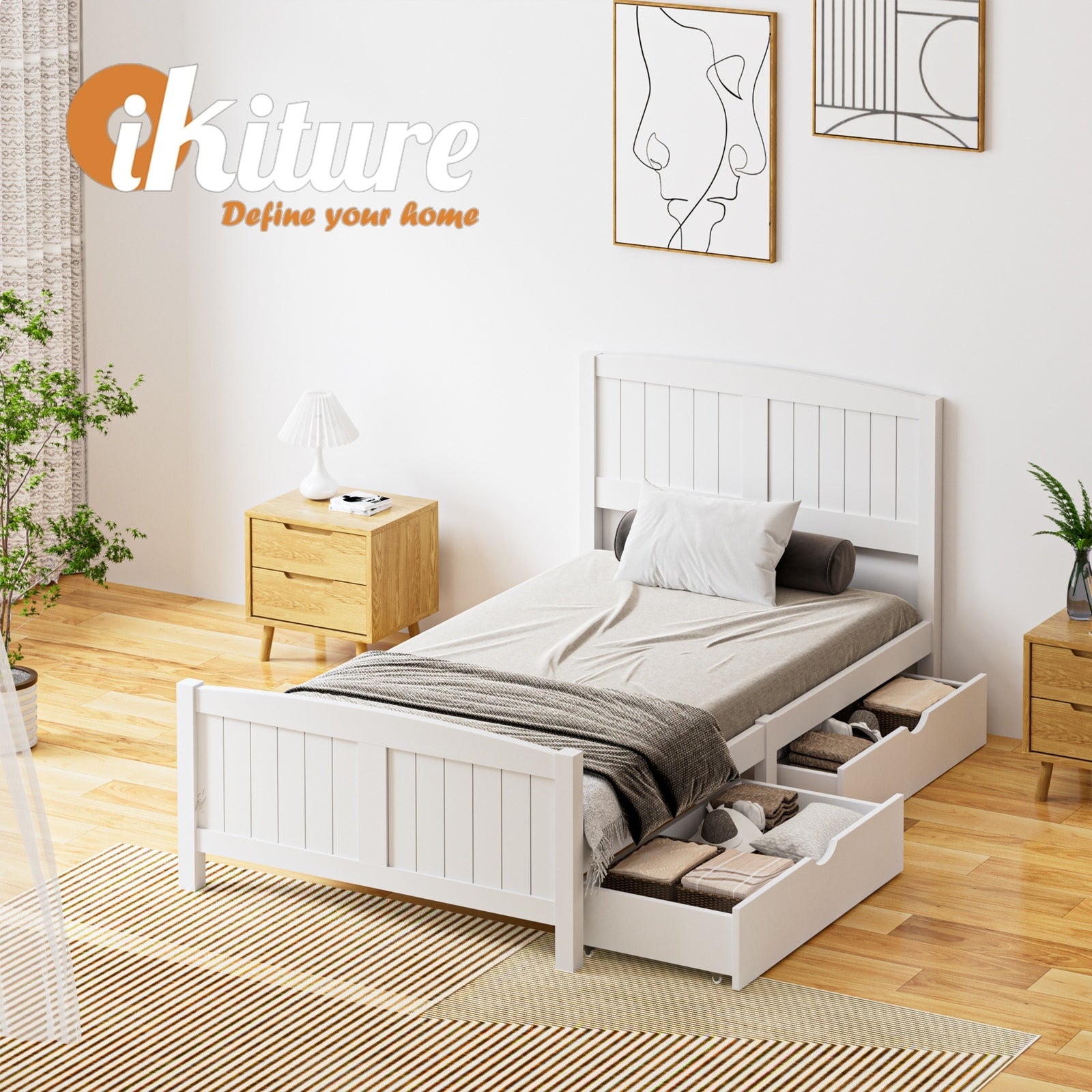 Oikiture Wooden Bed Frame King Single Base with Trundle Storage Drawers White - Sunyee