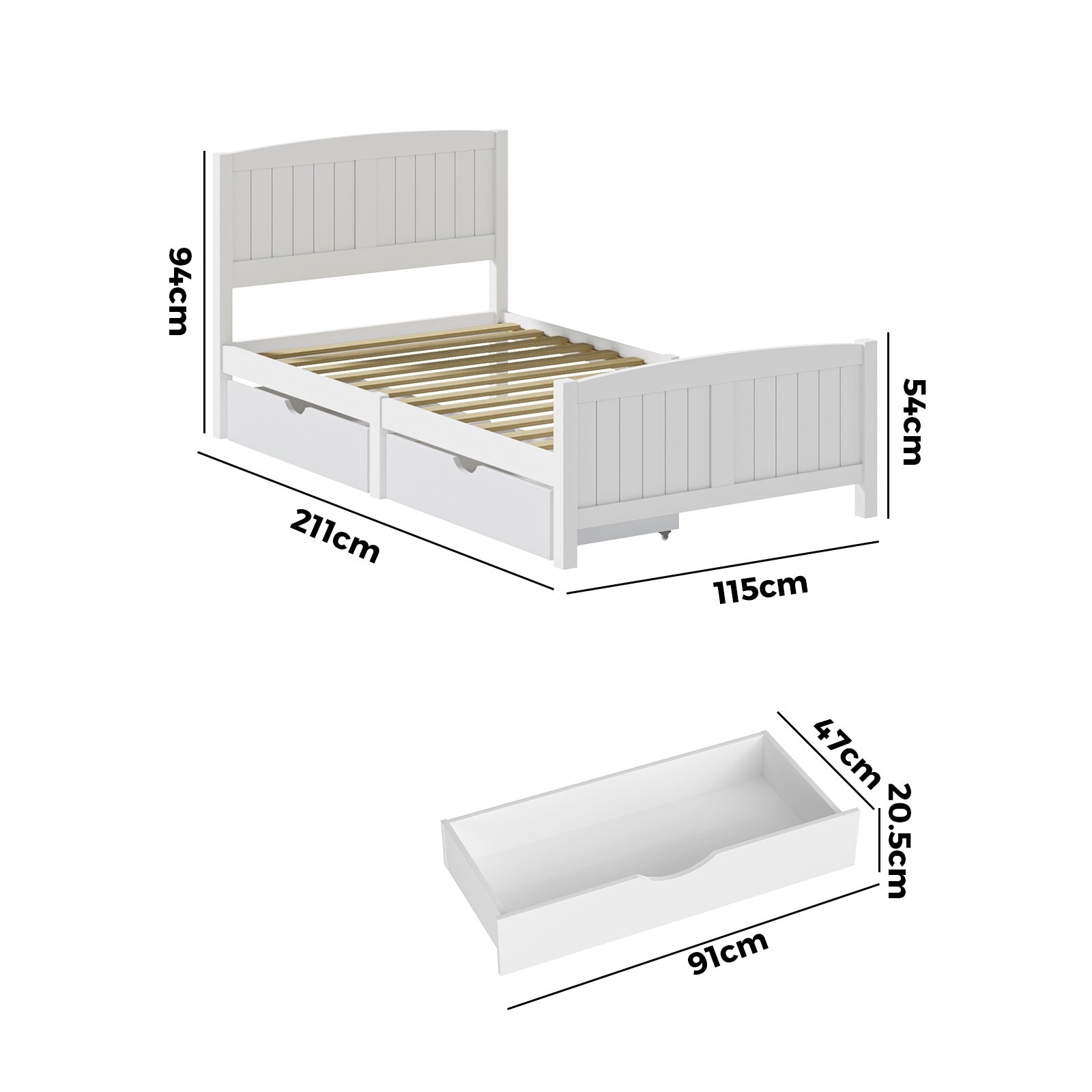 Oikiture Wooden Bed Frame King Single Base with Trundle Storage Drawers White - Sunyee