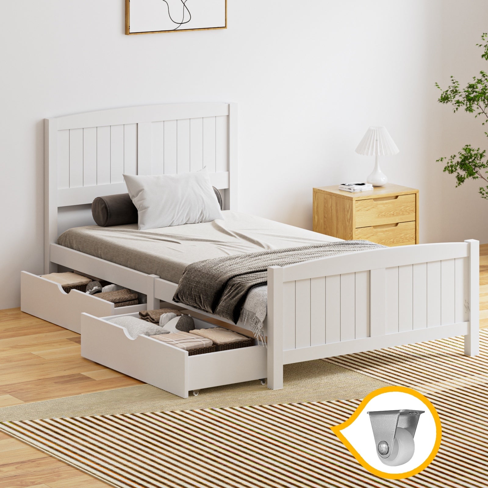 Oikiture Wooden Bed Frame King Single Base with Trundle Storage Drawers White - Sunyee