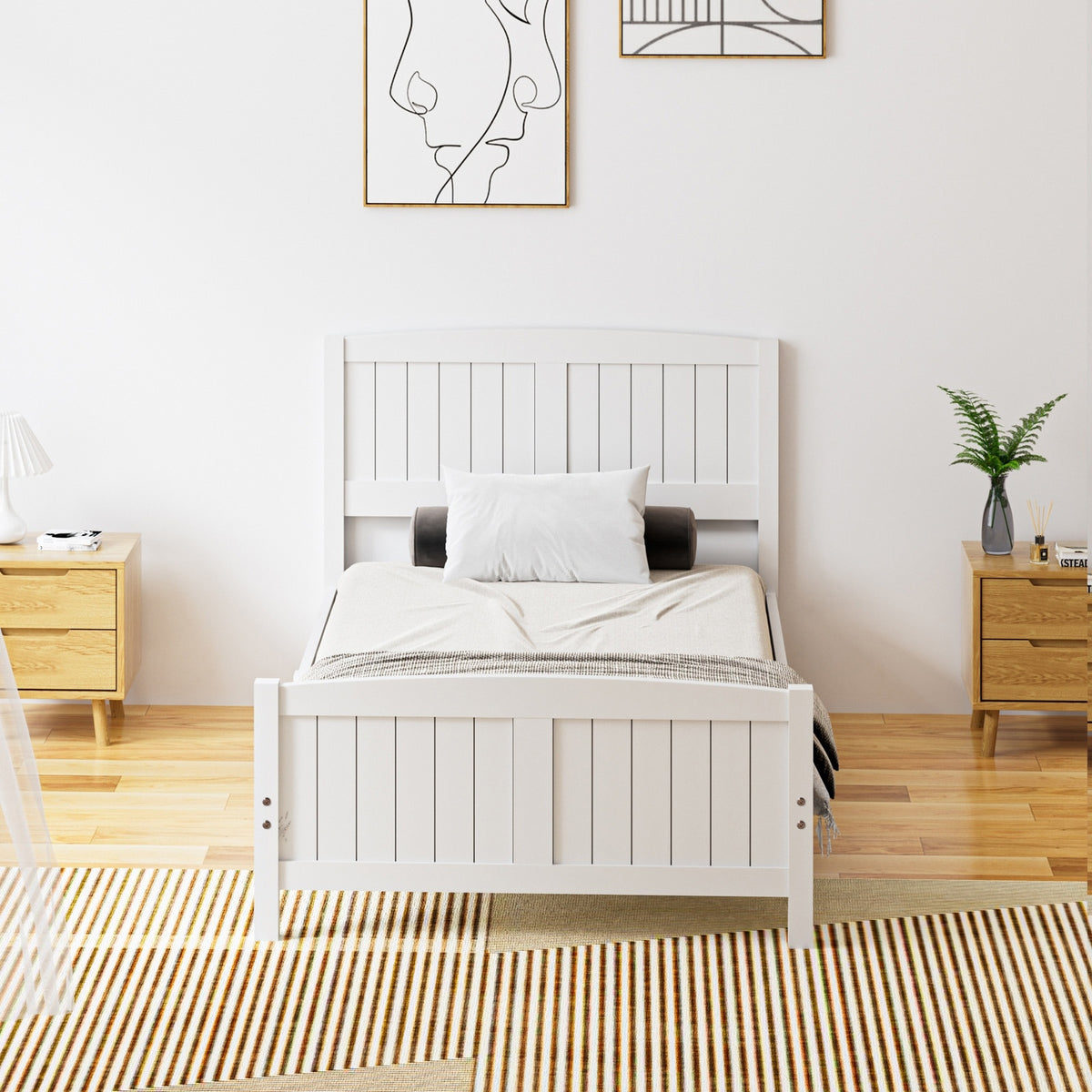 Oikiture Bed Frame King Singe Size Wooden Base Timber Platform White