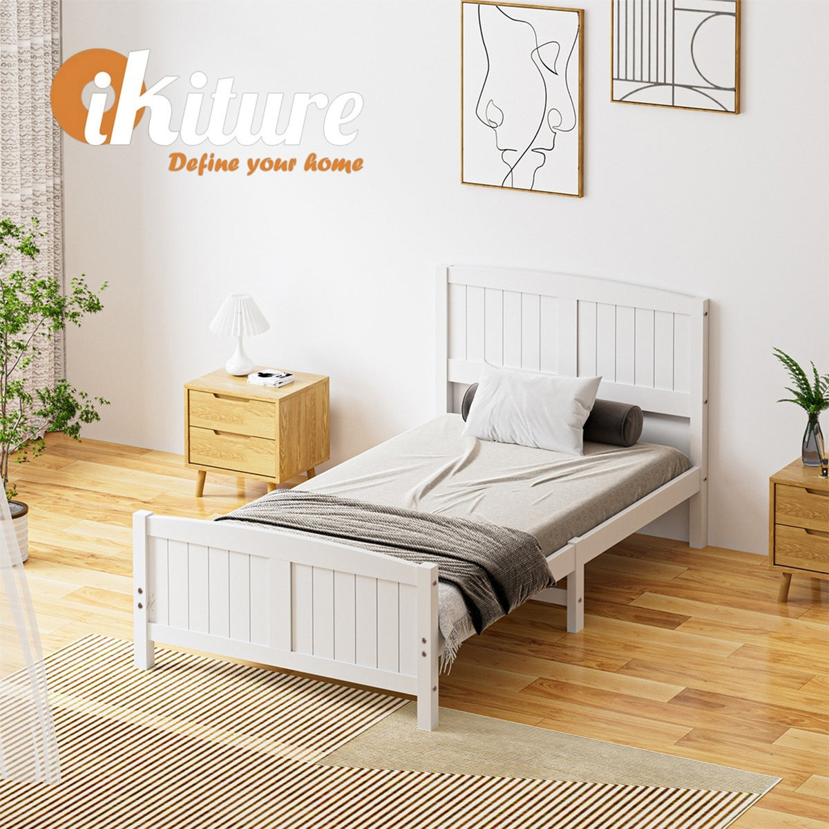 Oikiture Bed Frame King Singe Size Wooden Base Timber Platform White