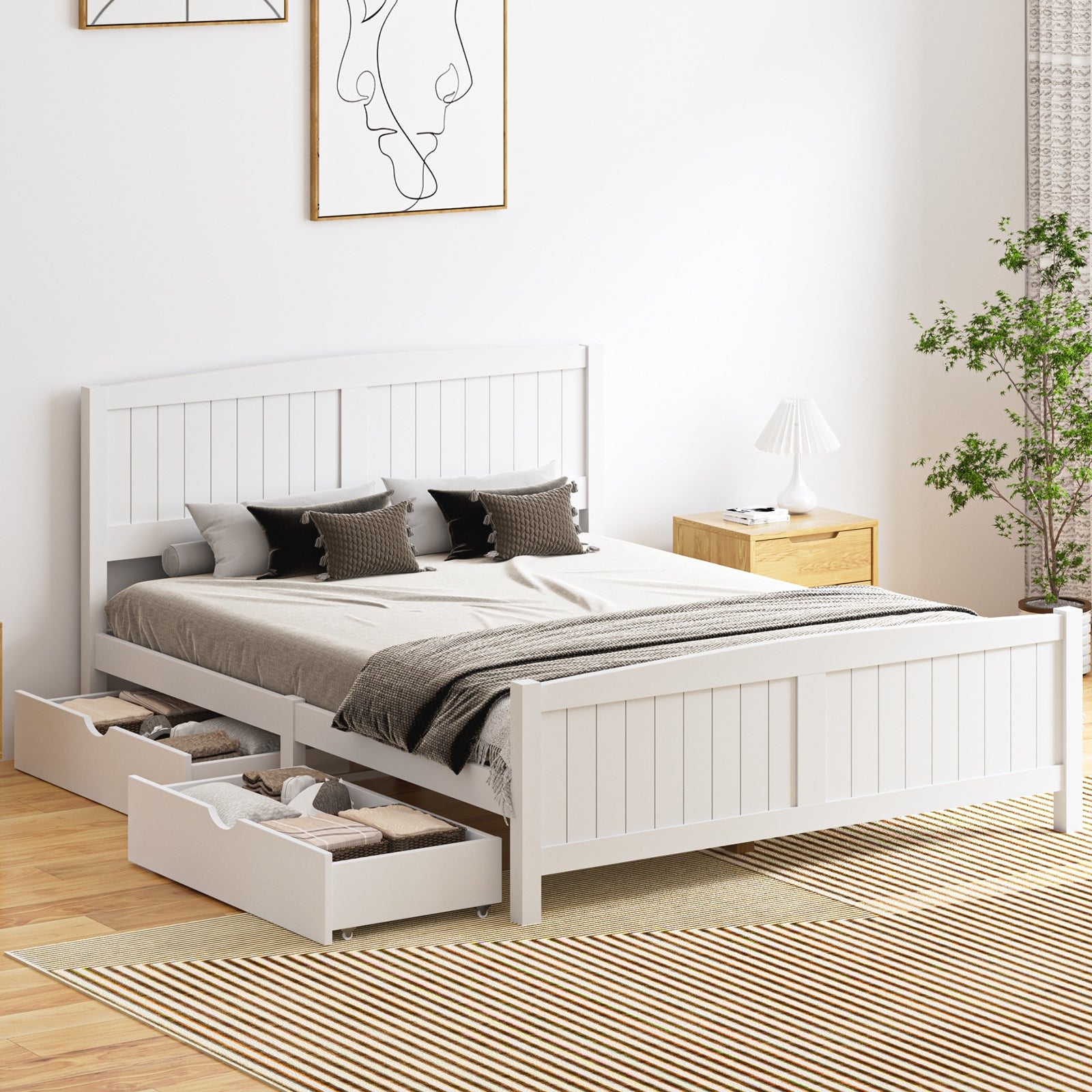 Oikiture Wooden Bed Frame Quenn Double King Single Base with Drawers White META - Sunyee
