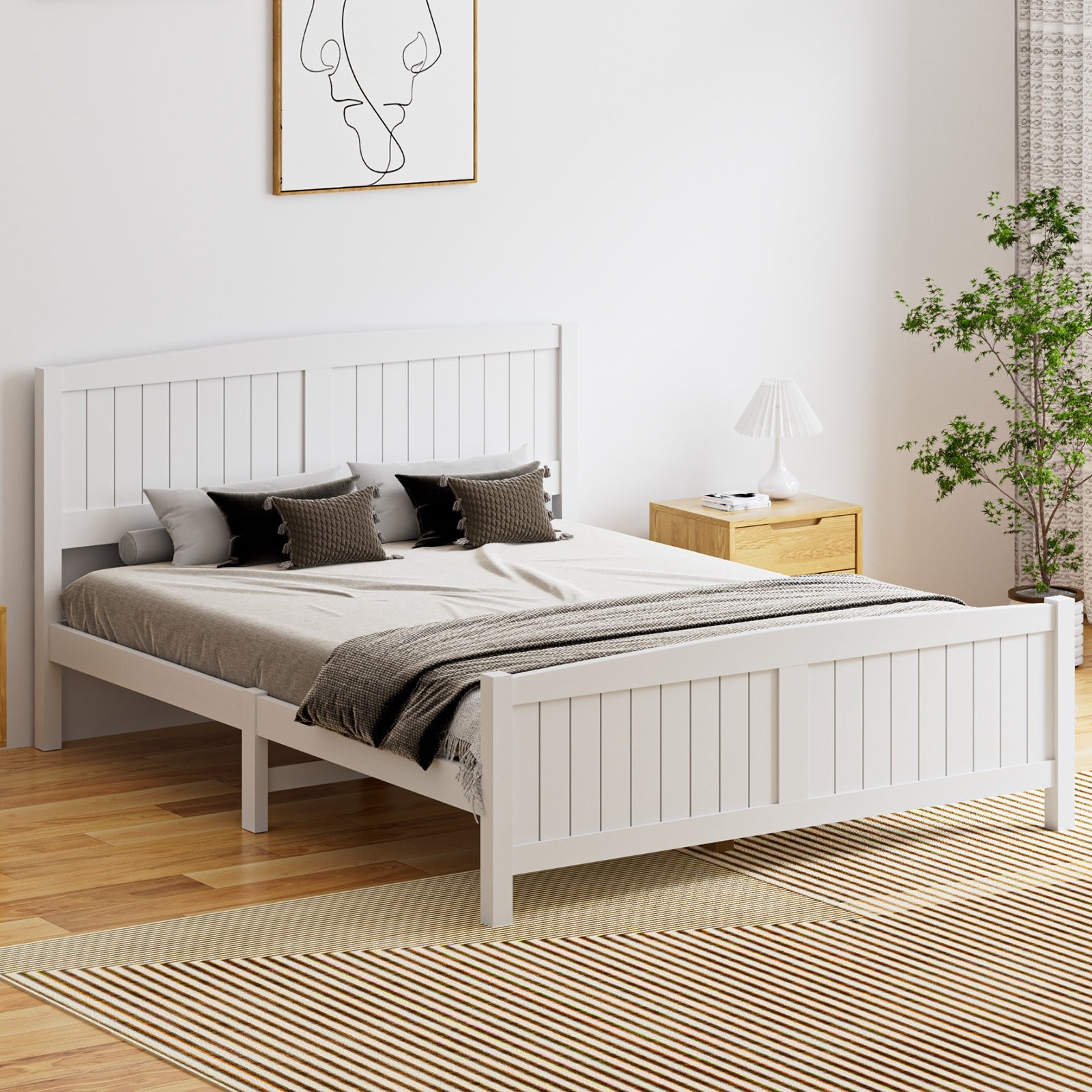 Oikiture Bed Frame Queen Size Wooden Base Timber Platform White - Sunyee