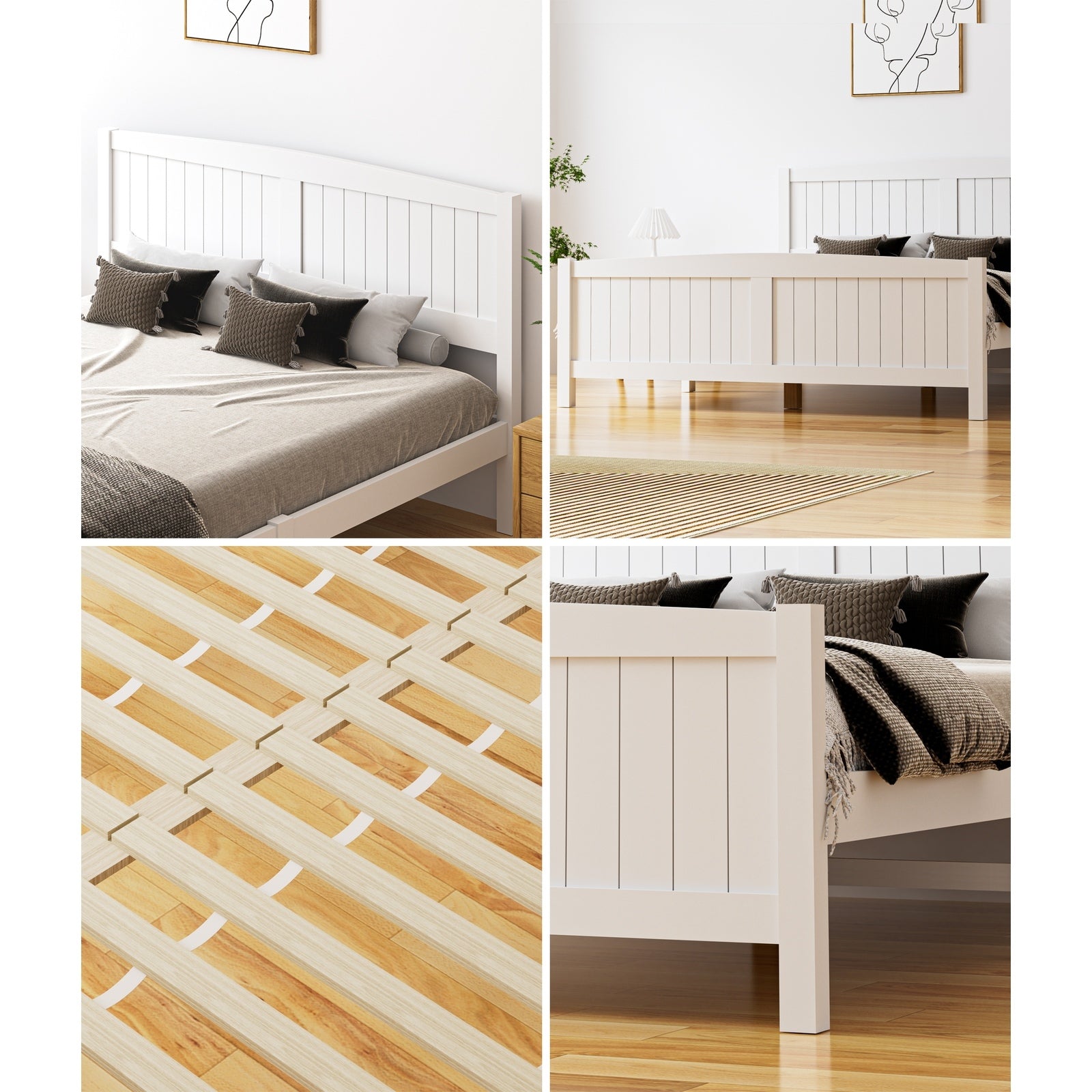 Oikiture Bed Frame Queen Size Wooden Base Timber Platform White - Sunyee