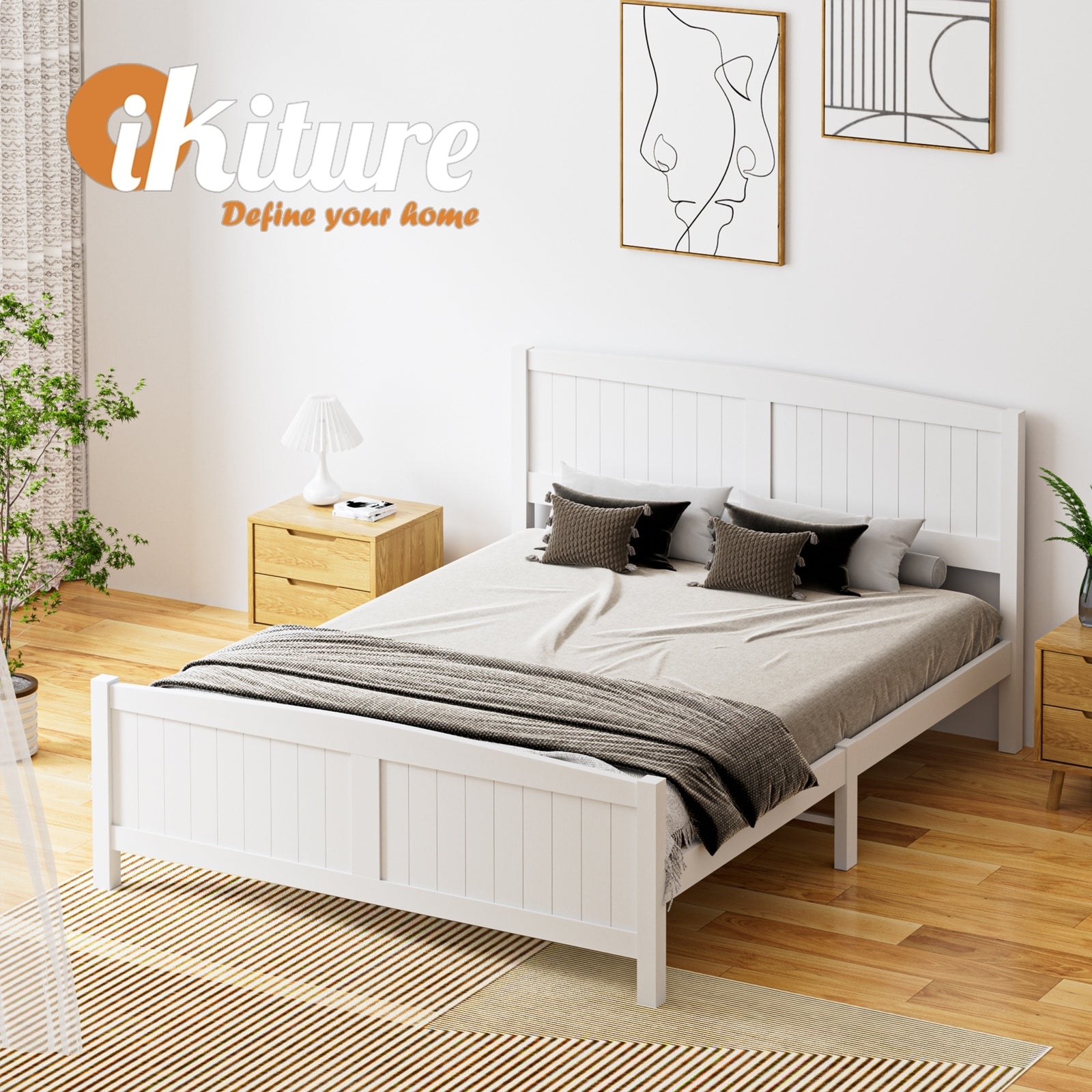 Oikiture Bed Frame Queen Size Wooden Base Timber Platform White - Sunyee
