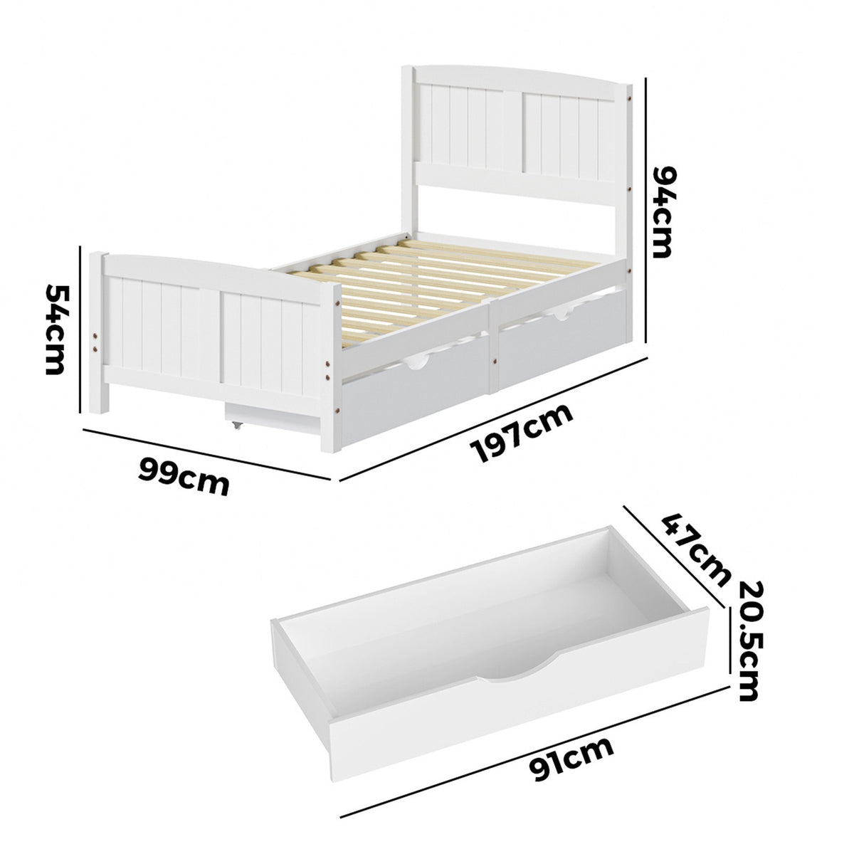 Oikiture Wooden Bed Frame Single Size Base with Trundle Storage Drawers White