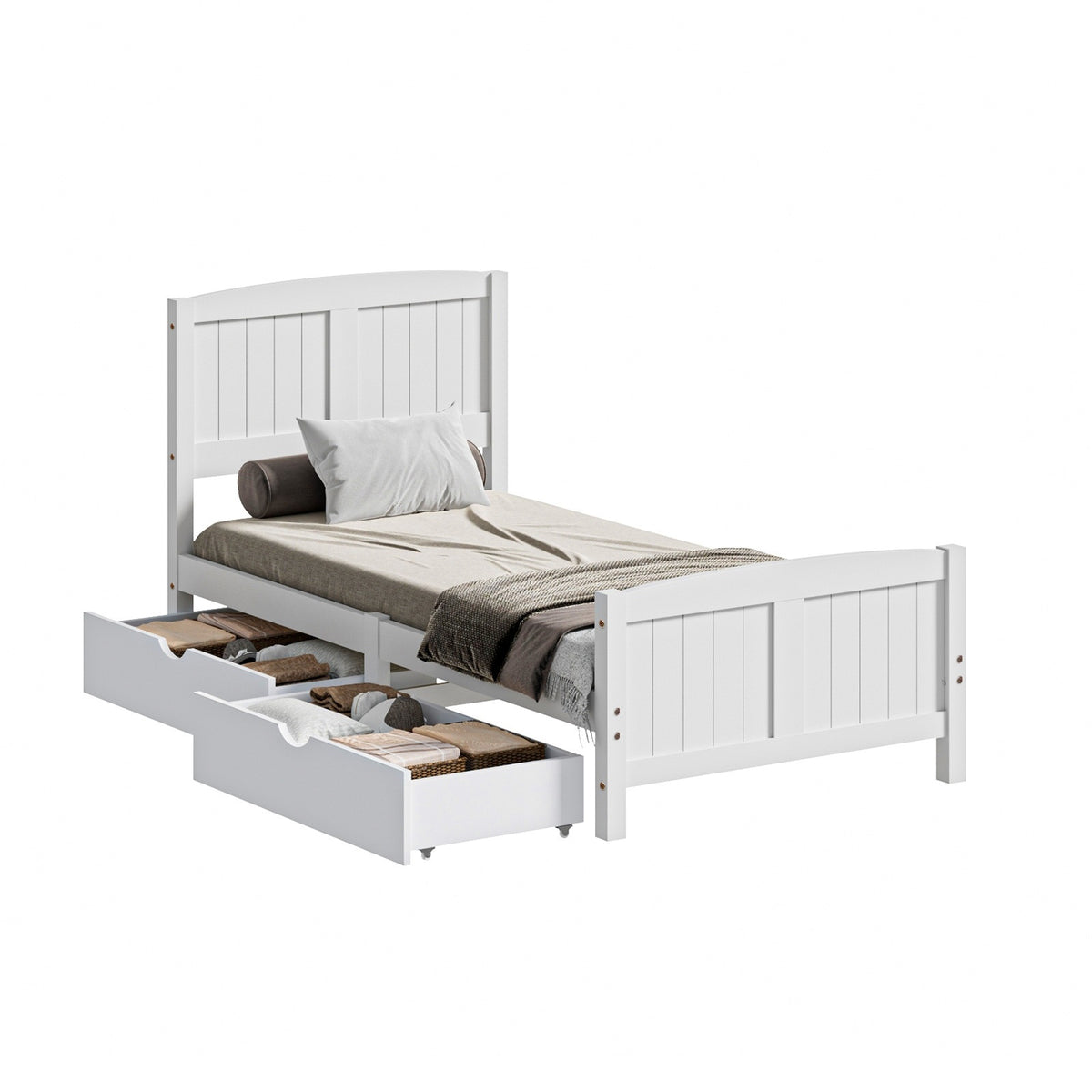 Oikiture Wooden Bed Frame Quenn Double King Single Base with Drawers White META