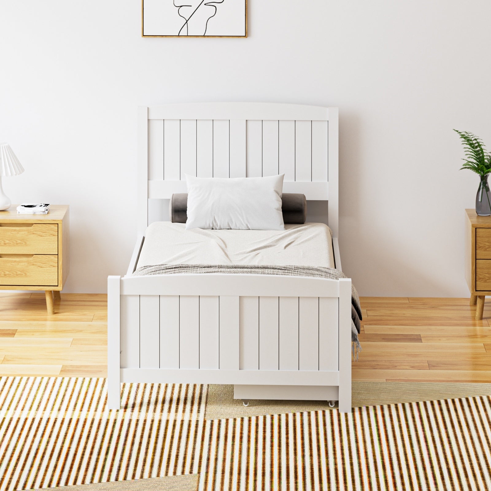 Oikiture Wooden Bed Frame Single Size Base with Trundle Storage Drawers White - Sunyee