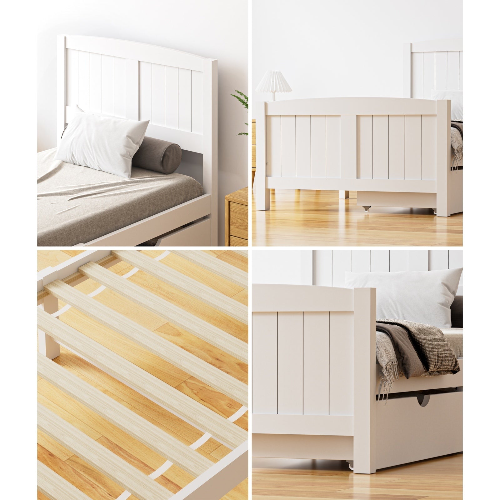 Oikiture Wooden Bed Frame Single Size Base with Trundle Storage Drawers White - Sunyee