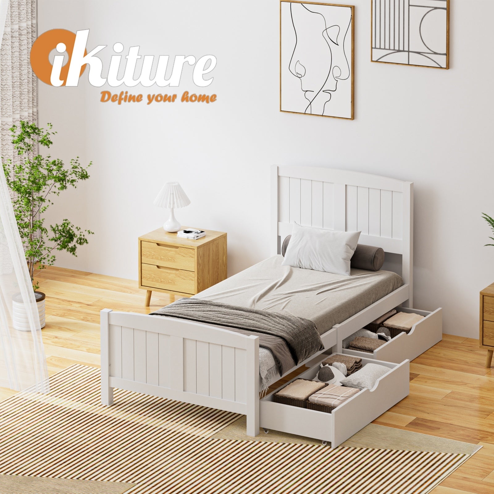 Oikiture Wooden Bed Frame Single Size Base with Trundle Storage Drawers White - Sunyee