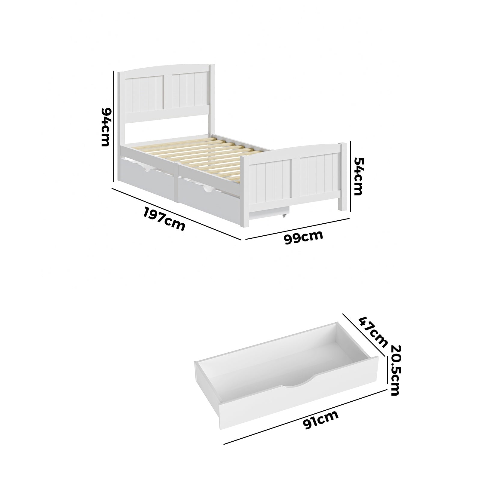 Oikiture Wooden Bed Frame Single Size Base with Trundle Storage Drawers White - Sunyee