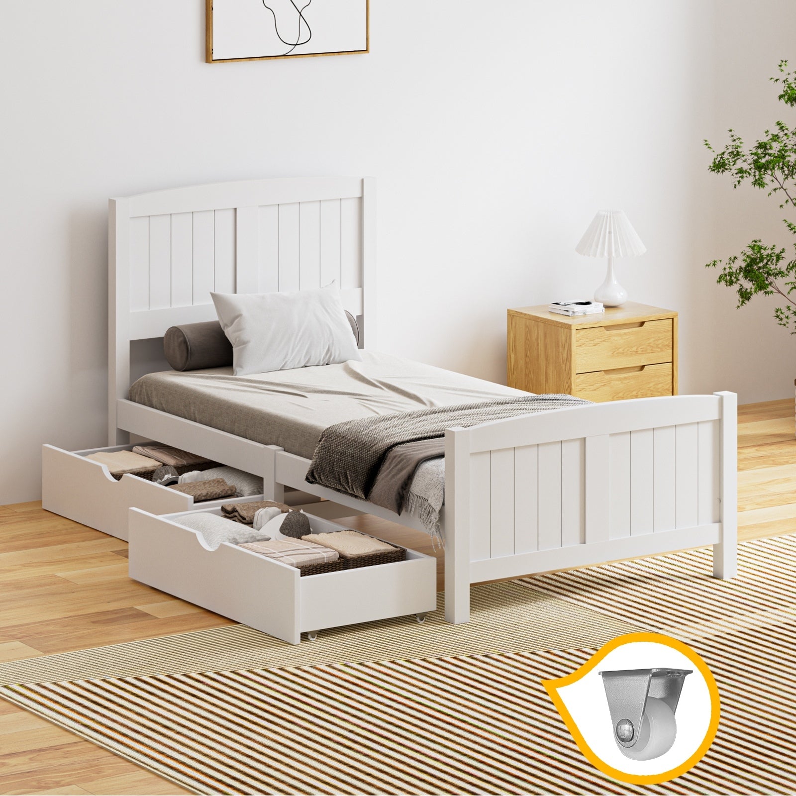 Oikiture Wooden Bed Frame Single Size Base with Trundle Storage Drawers White - Sunyee