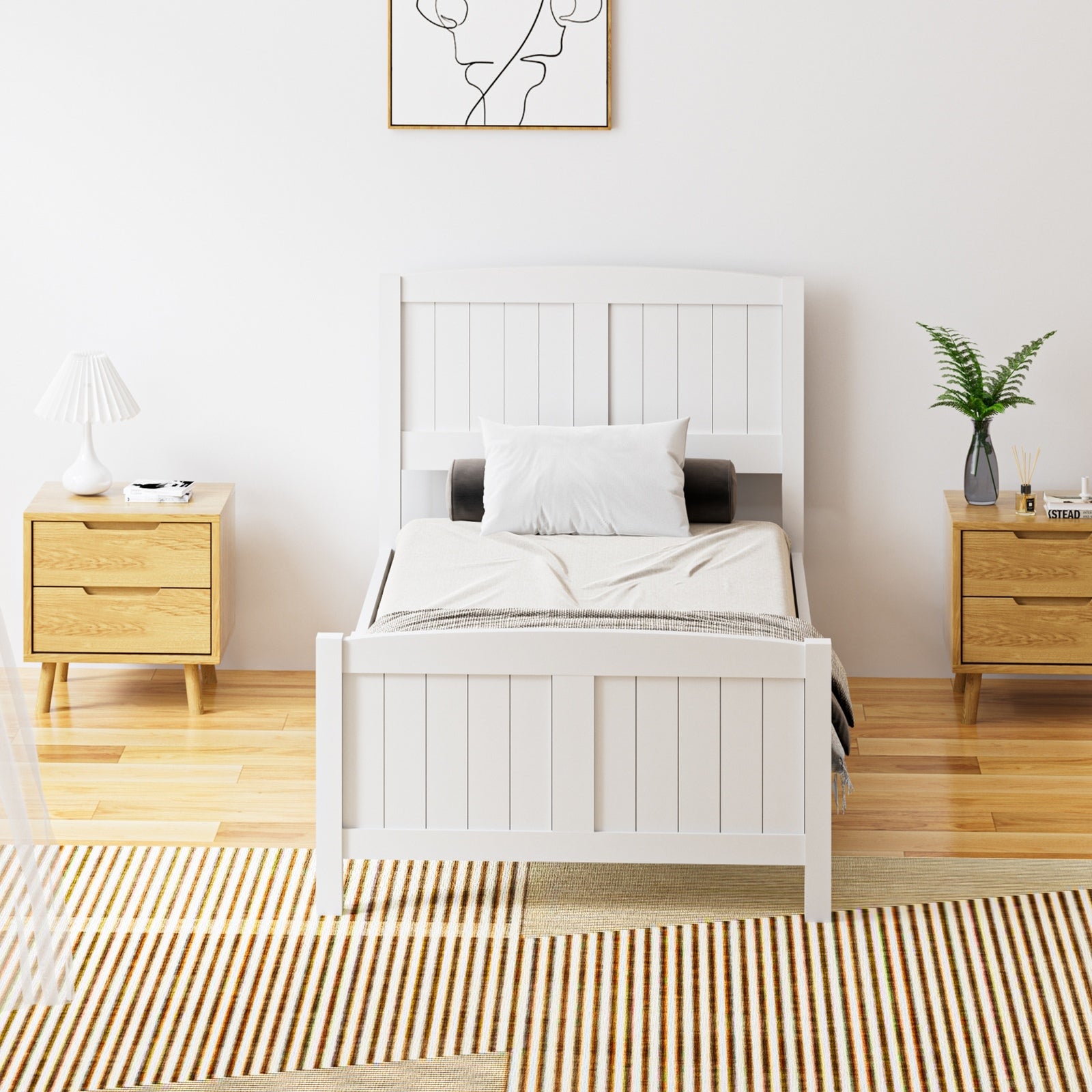 Oikiture Bed Frame Singe Size Wooden Base Timber Platform White - Sunyee
