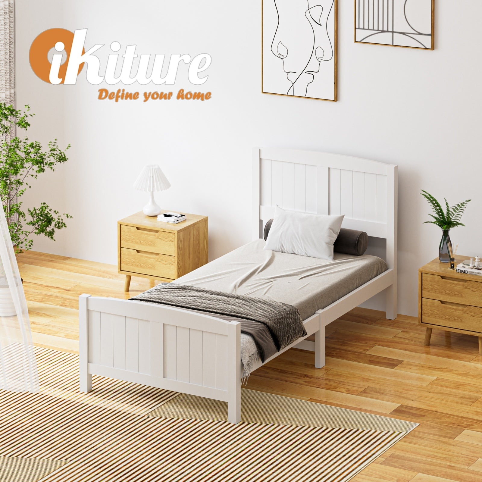 Oikiture Bed Frame Singe Size Wooden Base Timber Platform White - Sunyee