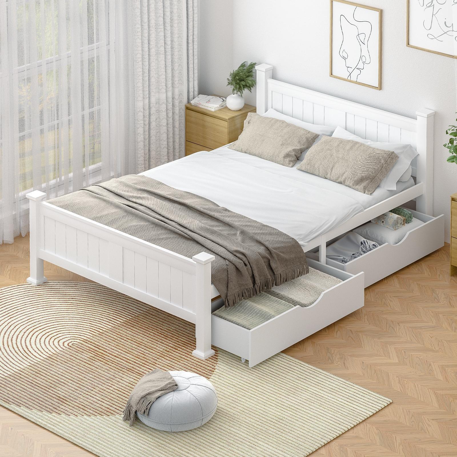 Oikiture Solid Pine Wood Bed Frame with 2 Storage Drawers Platform White Double