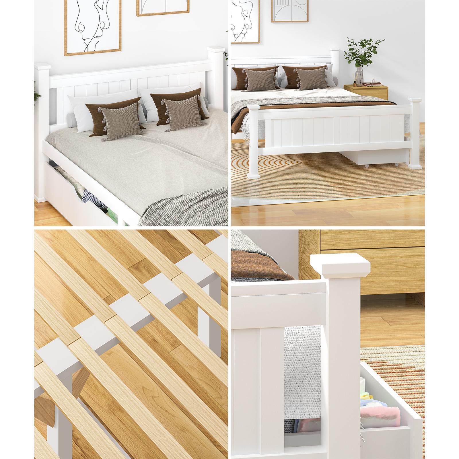 Oikiture Solid Pine Wood Bed Frame with 2 Storage Drawers Platform White Double