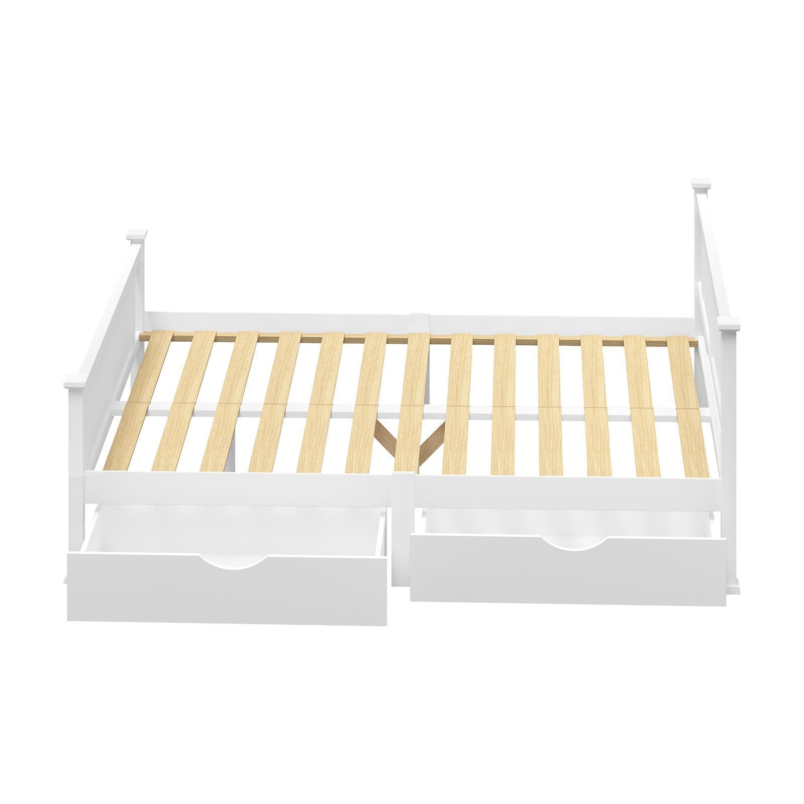 Oikiture Solid Pine Wood Bed Frame with 2 Storage Drawers Platform White Double