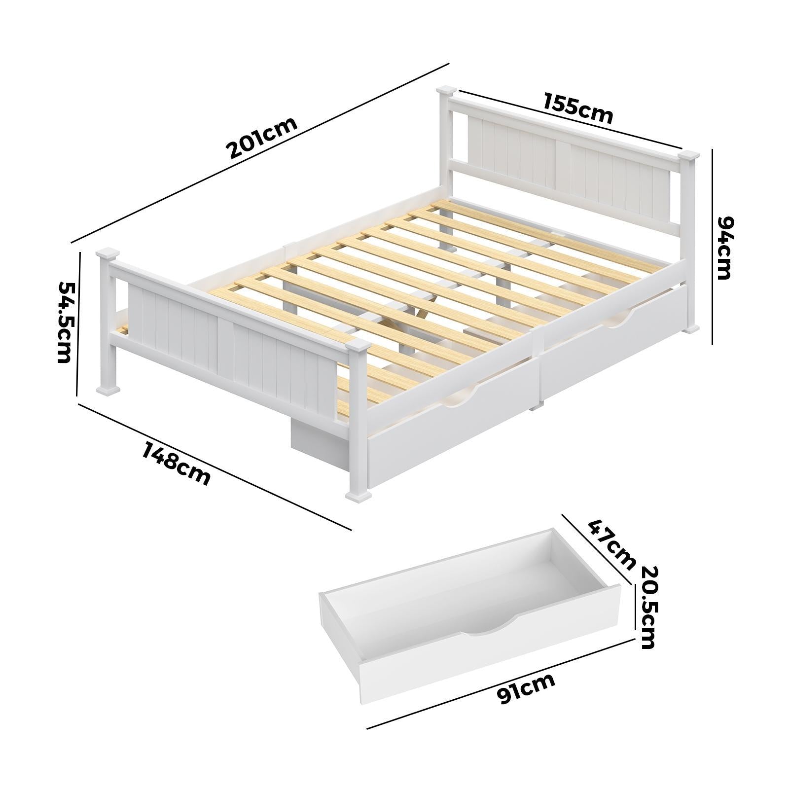 Oikiture Solid Pine Wood Bed Frame with 2 Storage Drawers Platform White Double