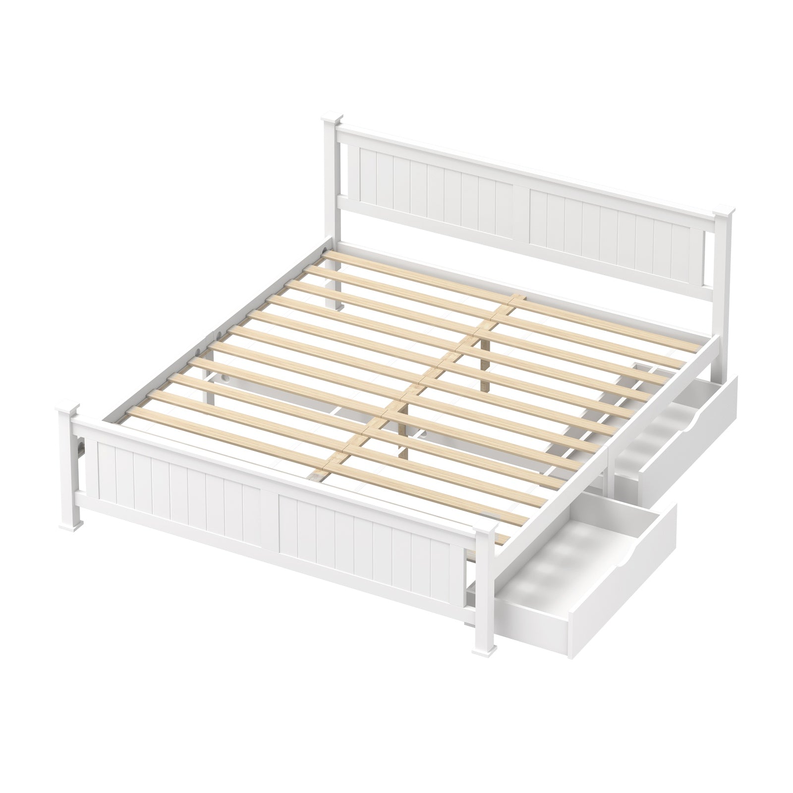 Oikiture Solid Pine Wood Bed Frame with 2 Storage Drawers Platform White King