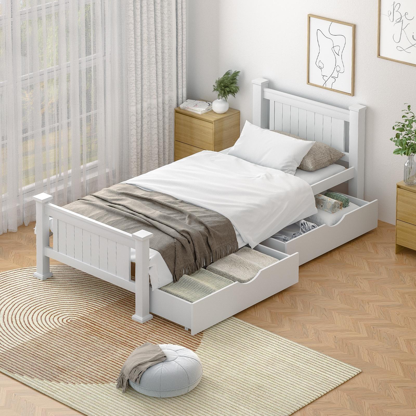 Oikiture Solid Pine Wood Bed Frame with 2 Storage Drawers Platform King Single