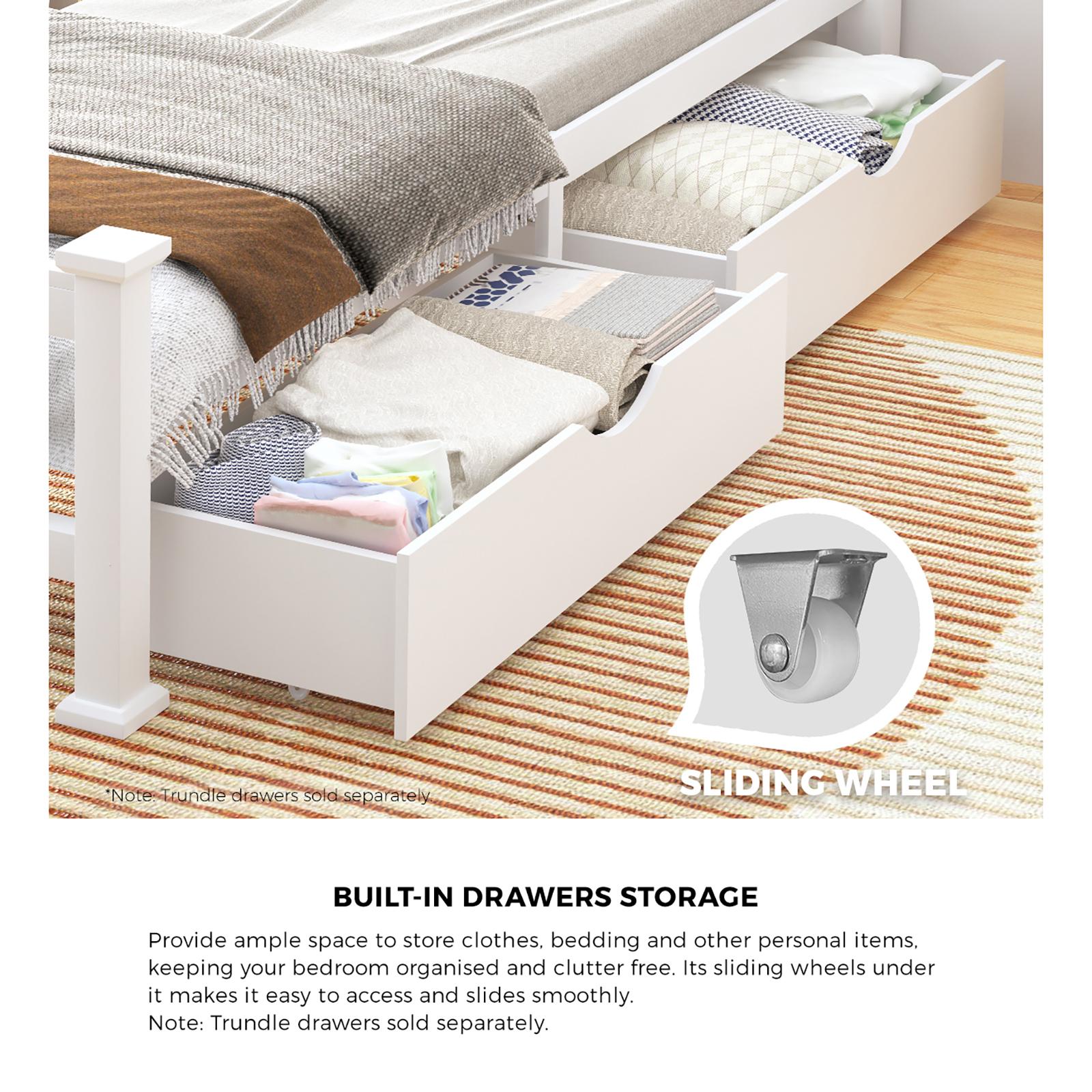 Oikiture Solid Pine Wood Bed Frame with 2 Storage Drawers Platform White Single