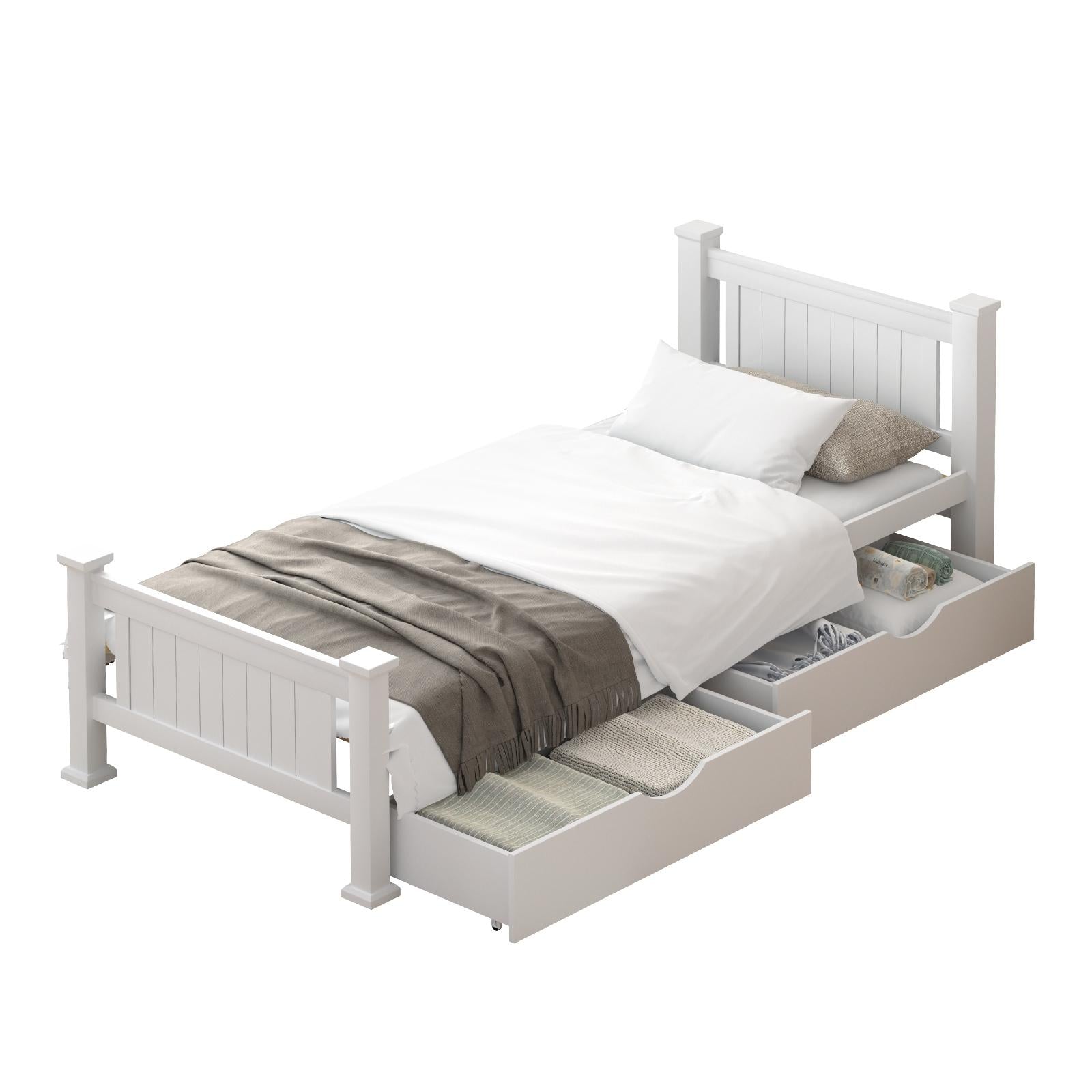 Oikiture Solid Pine Wood Bed Frame with 2 Storage Drawers Platform White Single