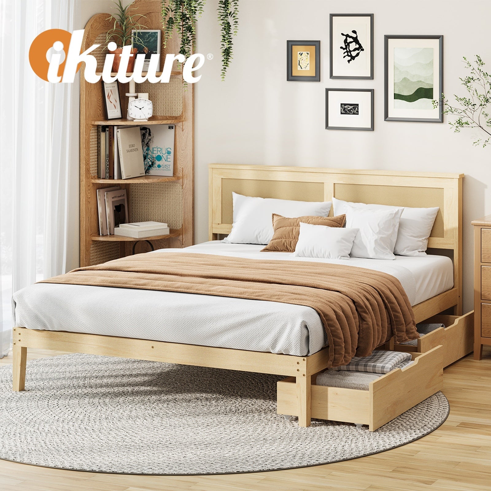 Oikiture Double Wooden Bed Frame with 2 Large Storage Drawers Rattan Headboard