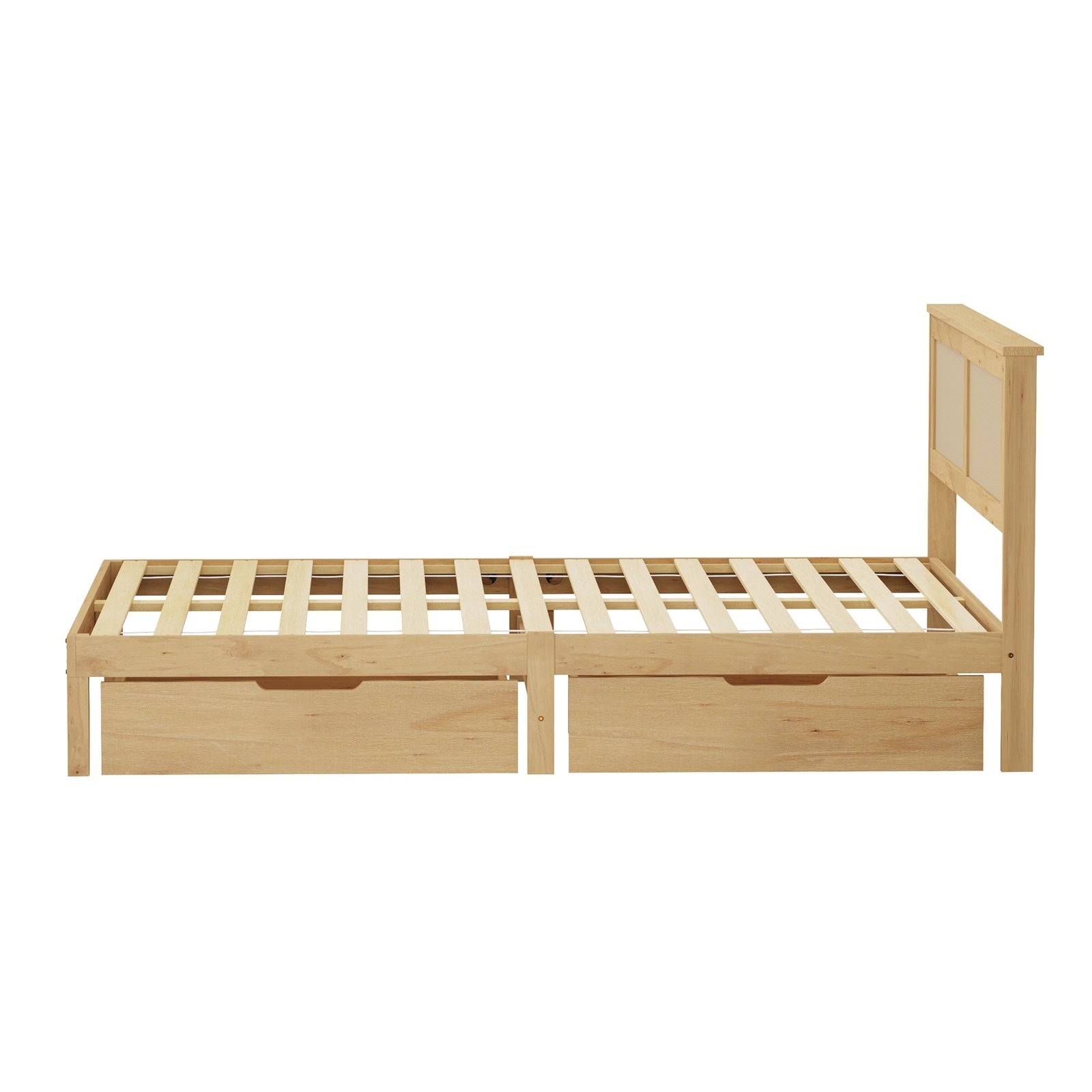 Oikiture Double Wooden Bed Frame with 2 Large Storage Drawers Rattan Headboard