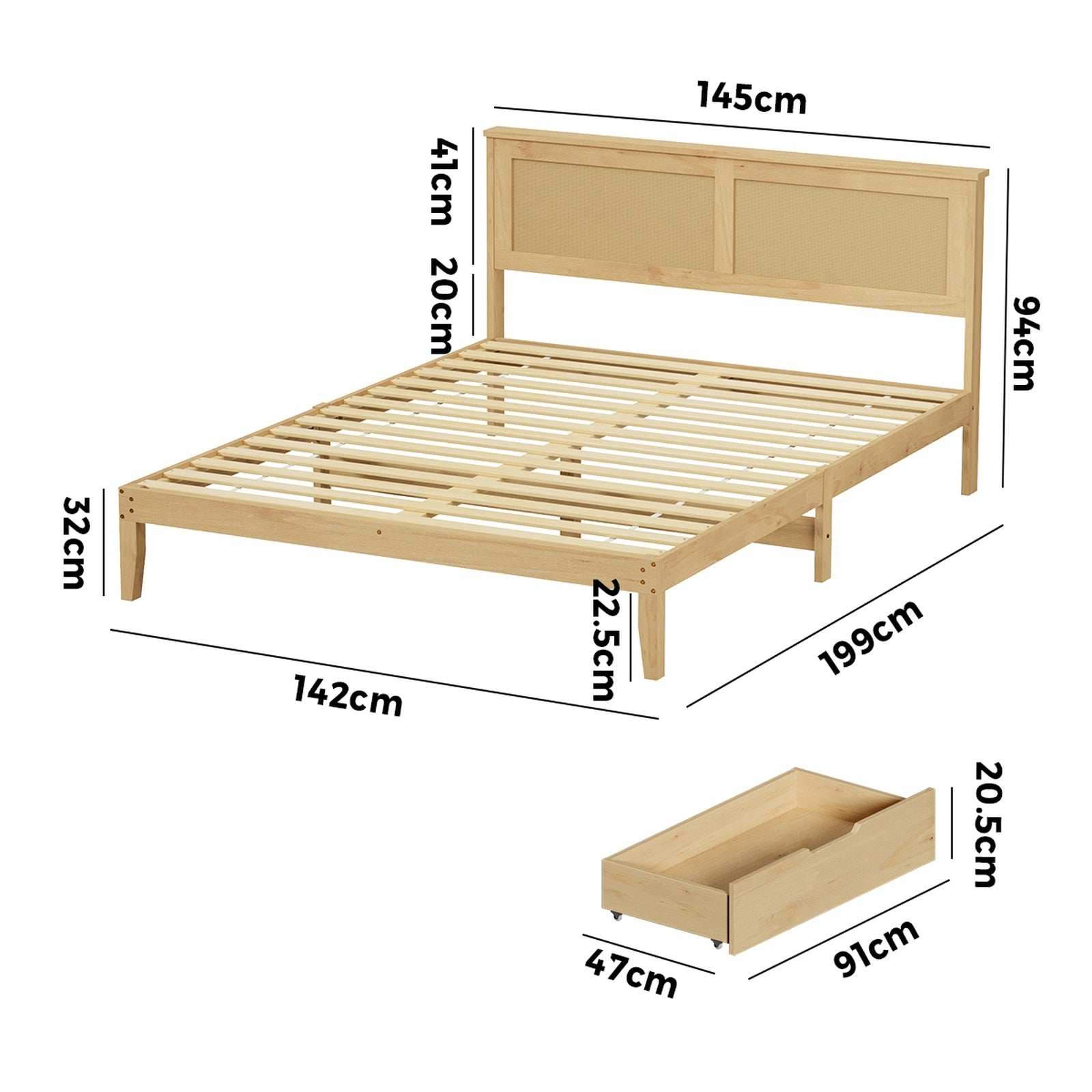 Oikiture Double Wooden Bed Frame with 2 Large Storage Drawers Rattan Headboard
