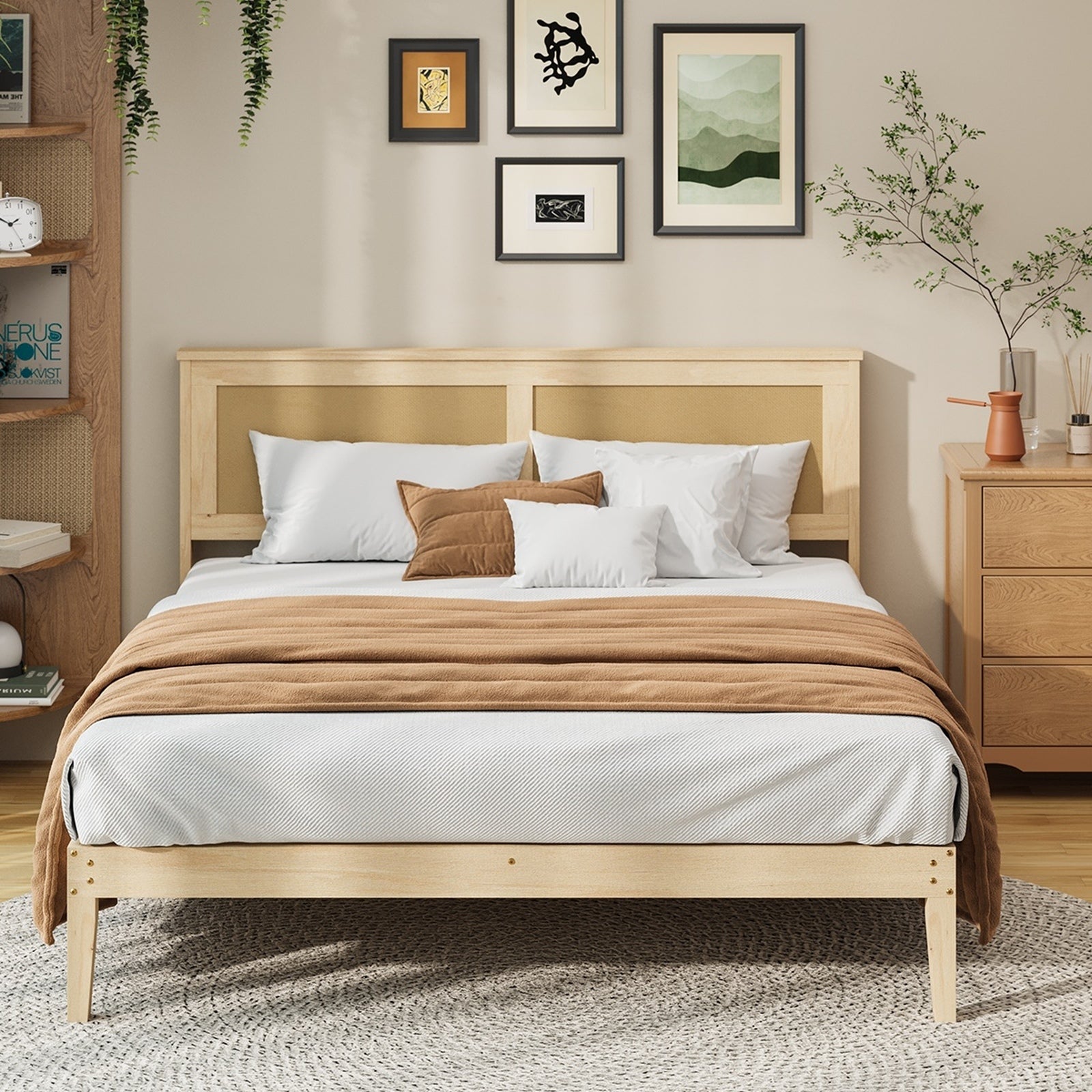 Oikiture Solid Wooden Bed Frame with Wicker Rattan Headboard Platform Double