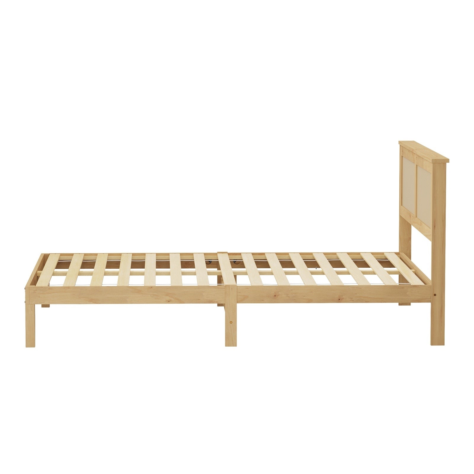 Oikiture Solid Wooden Bed Frame with Wicker Rattan Headboard Platform Double