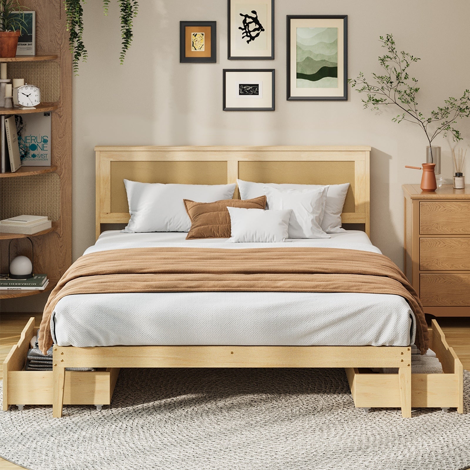 Oikiture Queen Wooden Bed Frame with 2 Large Storage Drawers Rattan Headboard