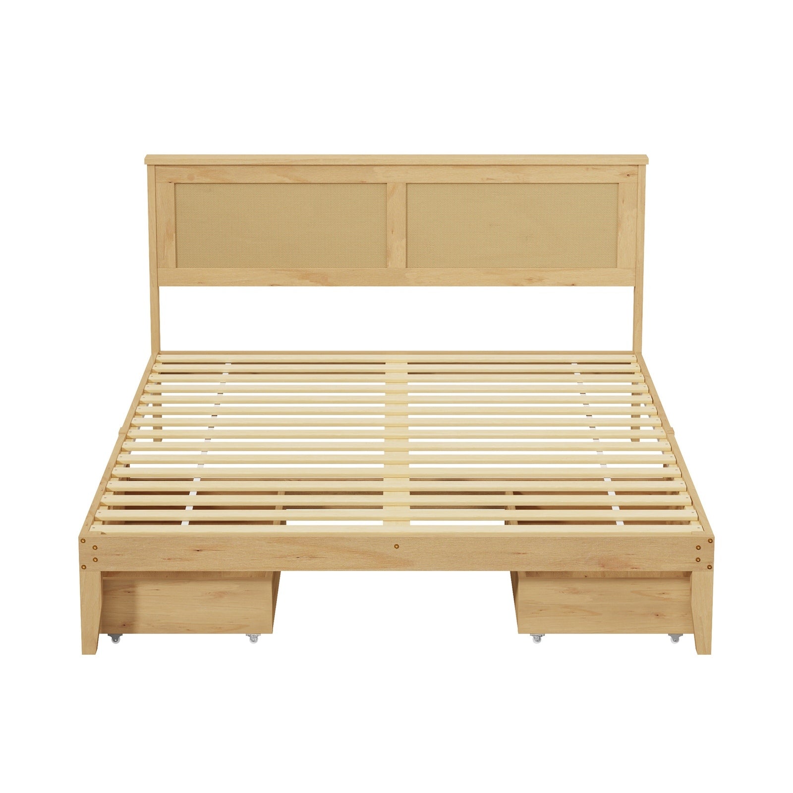 Oikiture Queen Wooden Bed Frame with 2 Large Storage Drawers Rattan Headboard