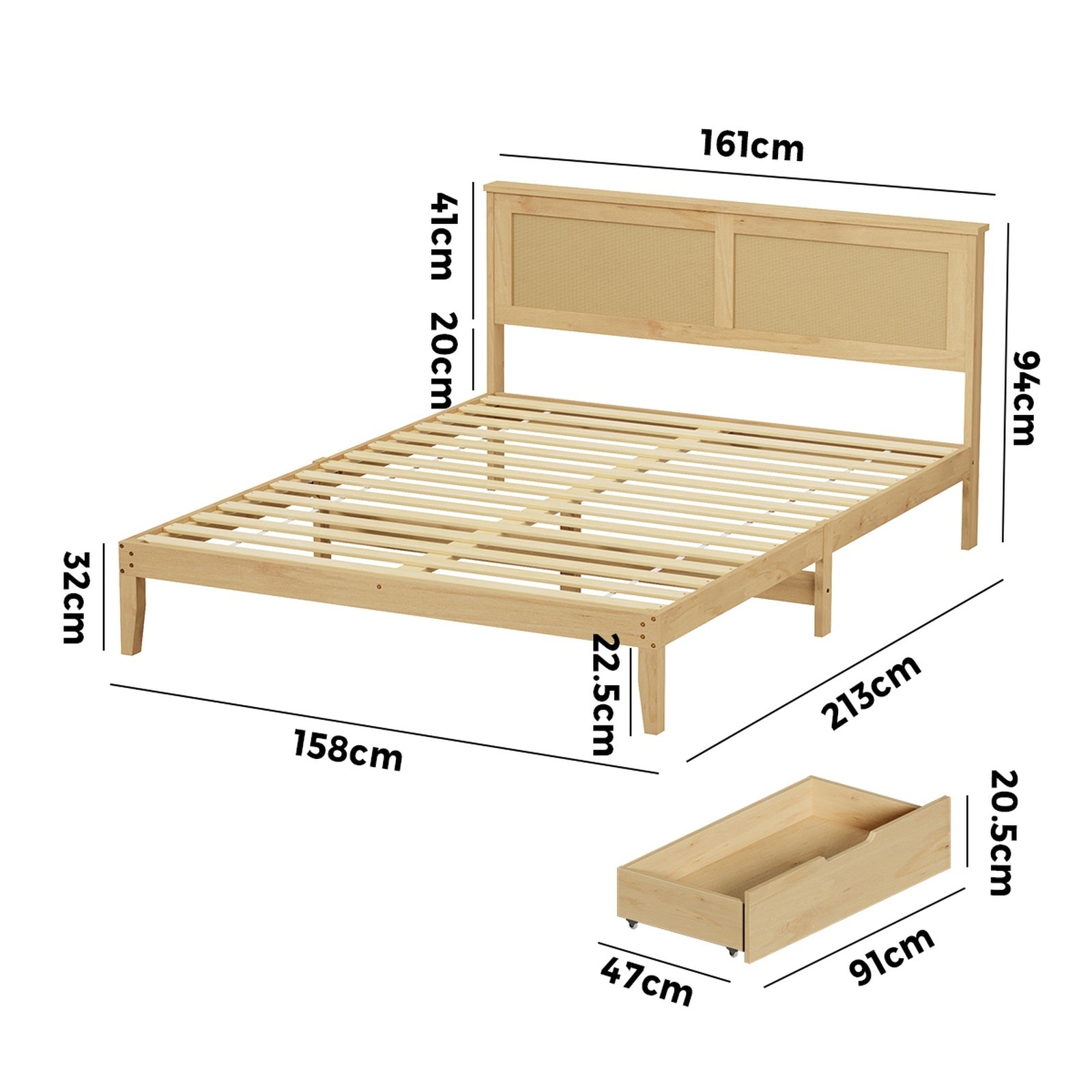 Oikiture Queen Wooden Bed Frame with 2 Large Storage Drawers Rattan Headboard