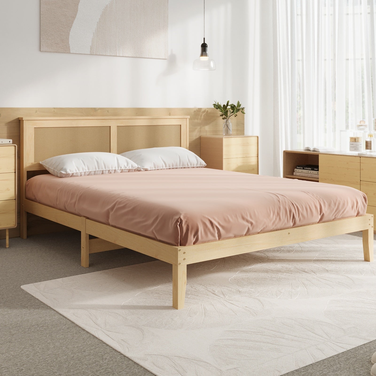 Oikiture Solid Wooden Bed Frame with Wicker Rattan Headboard Platform Queen