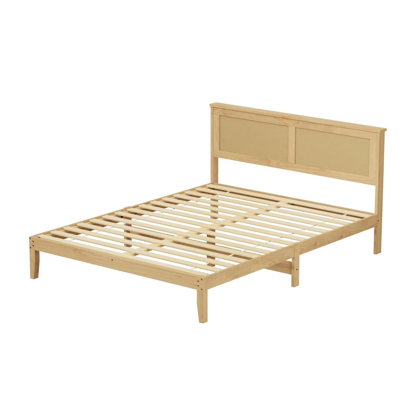 Oikiture Solid Wooden Bed Frame with Wicker Rattan Headboard Platform Queen