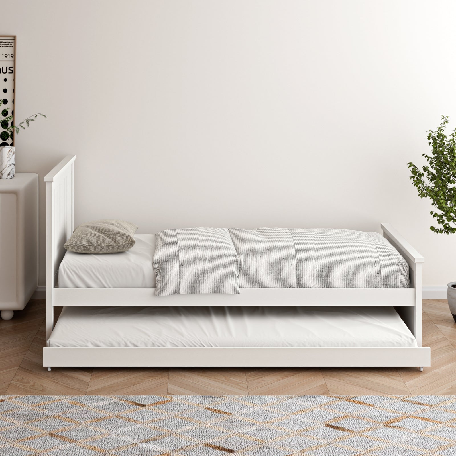 Oikiture Trundle Bed Frame Single Size Beds Base Wooden Daybed White - Sunyee