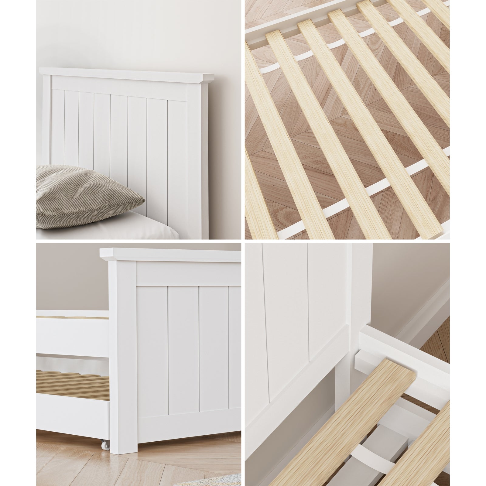 Oikiture Trundle Bed Frame Single Size Beds Base Wooden Daybed White - Sunyee